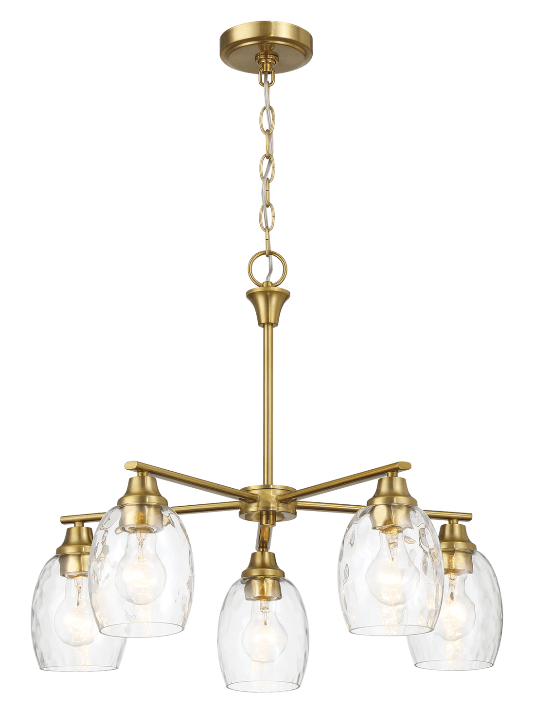 Elegance Five Lights Linear Arms With Golden Brass Finish Chain Chandelier 24"W 8.5"H With Clear Water Glass Clear,Gold Brass,Glass