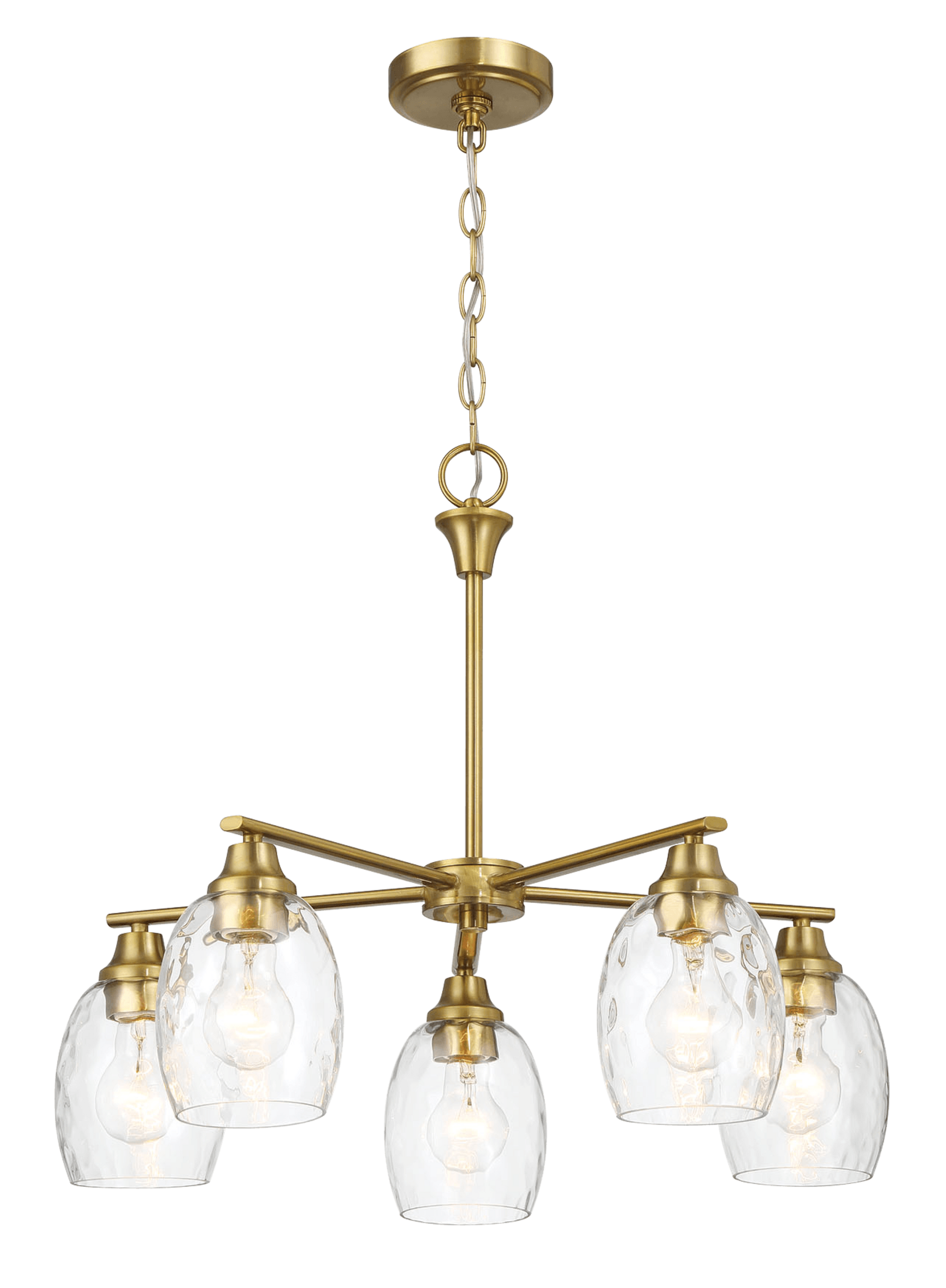 Elegance Five Lights Linear Arms With Golden Brass Finish Chain Chandelier 24"W 8.5"H With Clear Water Glass Clear,Gold Brass,Glass