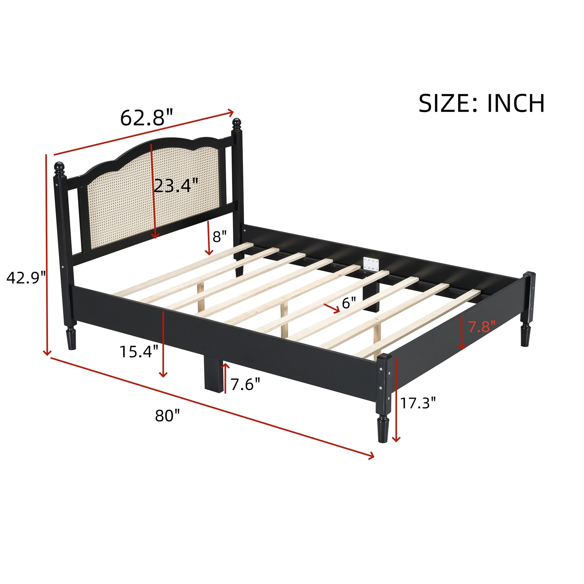 Queen Size Wooden Platform Bed With Natural Rattan Headboard, Vintage Bed Frame With Wooden Slat Support, Black Expected Arrival Time: 08.23 Box Spring Not Required Queen Black Wood