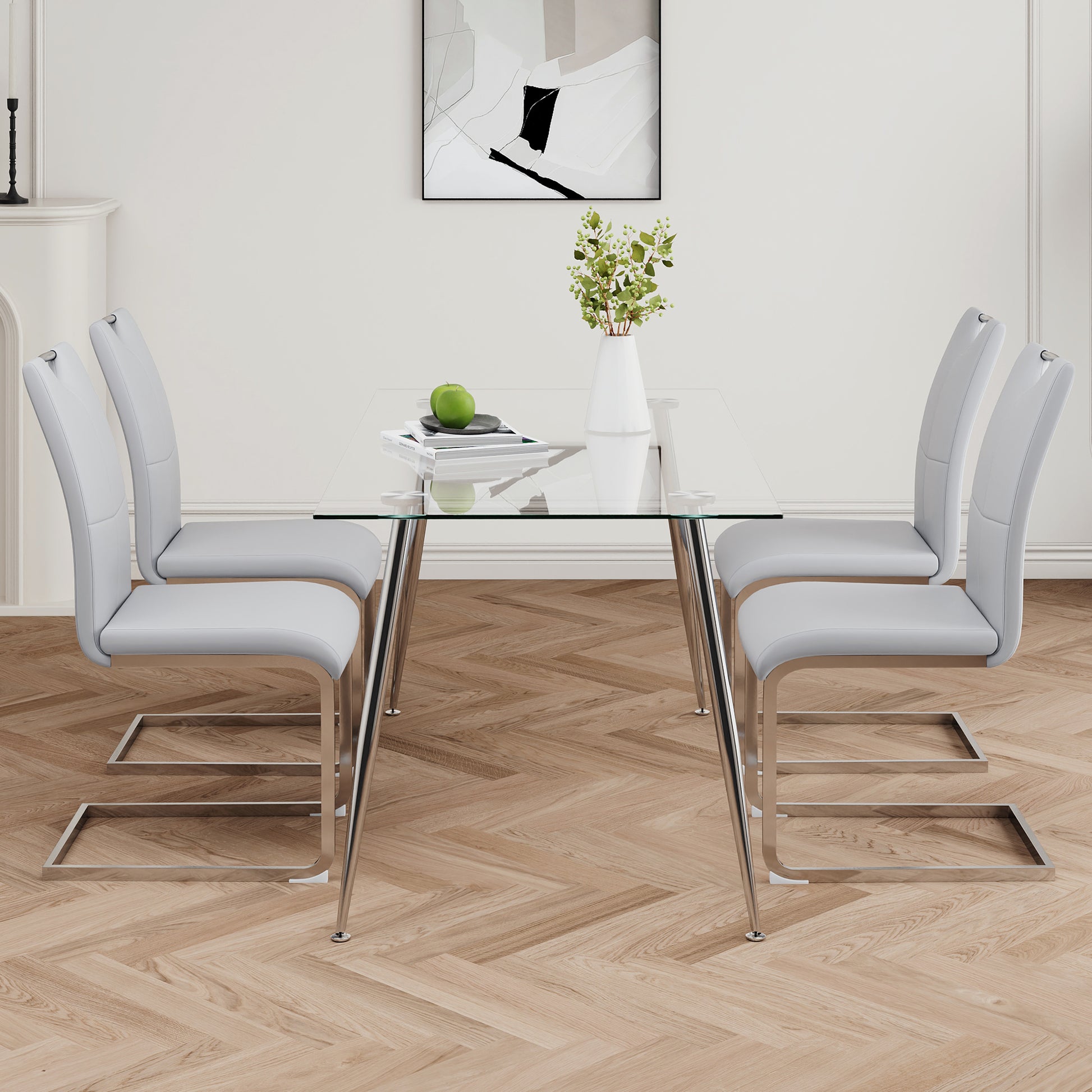 Modern Simple Rectangular Glass Dining Table, Solid Tempered Glass Tabletop, Electroplated Table Legs, Gray Pu Dining Chair Set, Suitable For Restaurant Kitchen Use Set Of 5 Upholstered Chair Glass Gray Pu Seats 4 Metal Rectangular Dining Table With