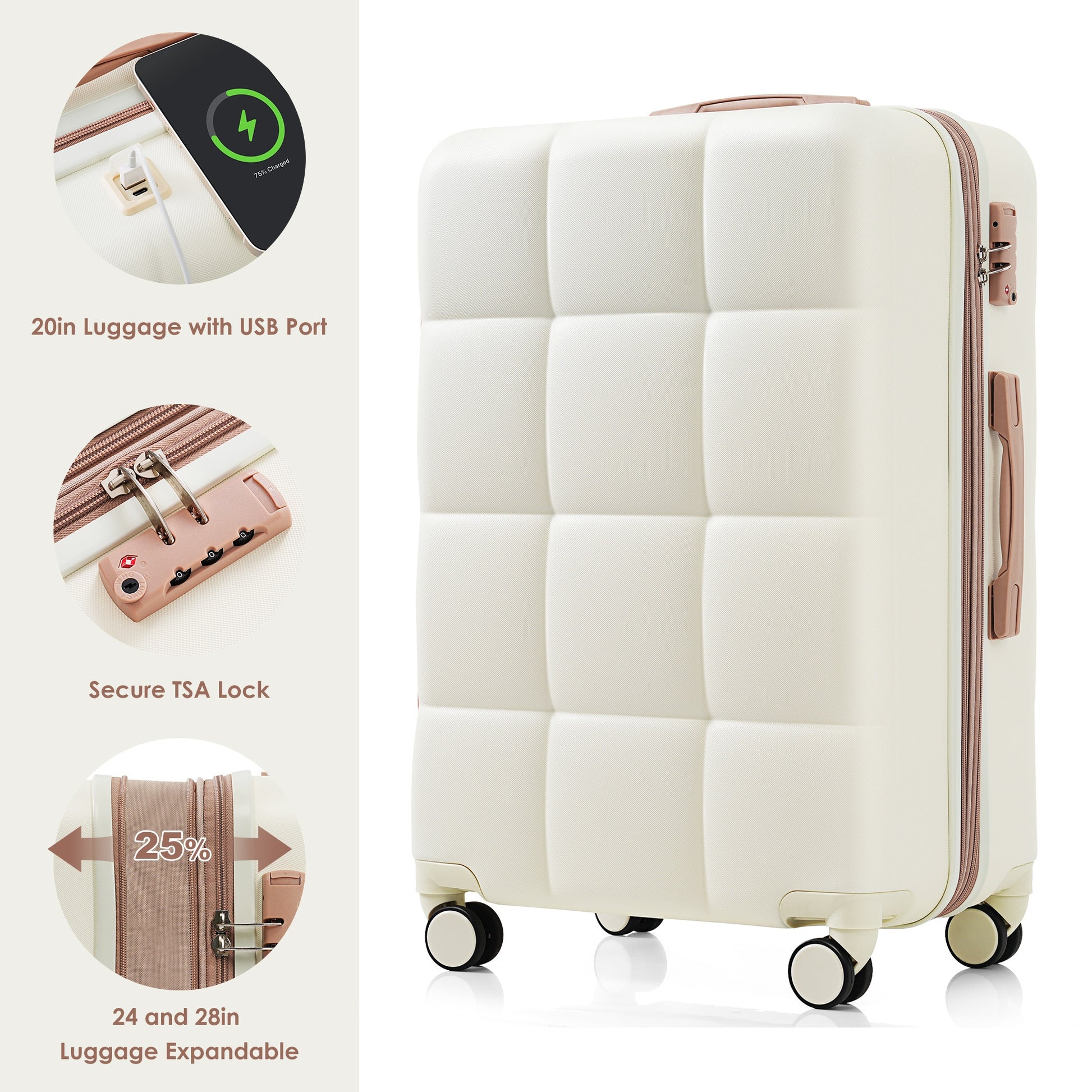 Luggage Sets 4 Piece, 20 Inch With Usb Port, Expandable Abs Durable Suitcase With Travel Bag, Cup Holder, Abs Hard Shell Luggage With Spinner Wheels, Beige Beige Gold Abs