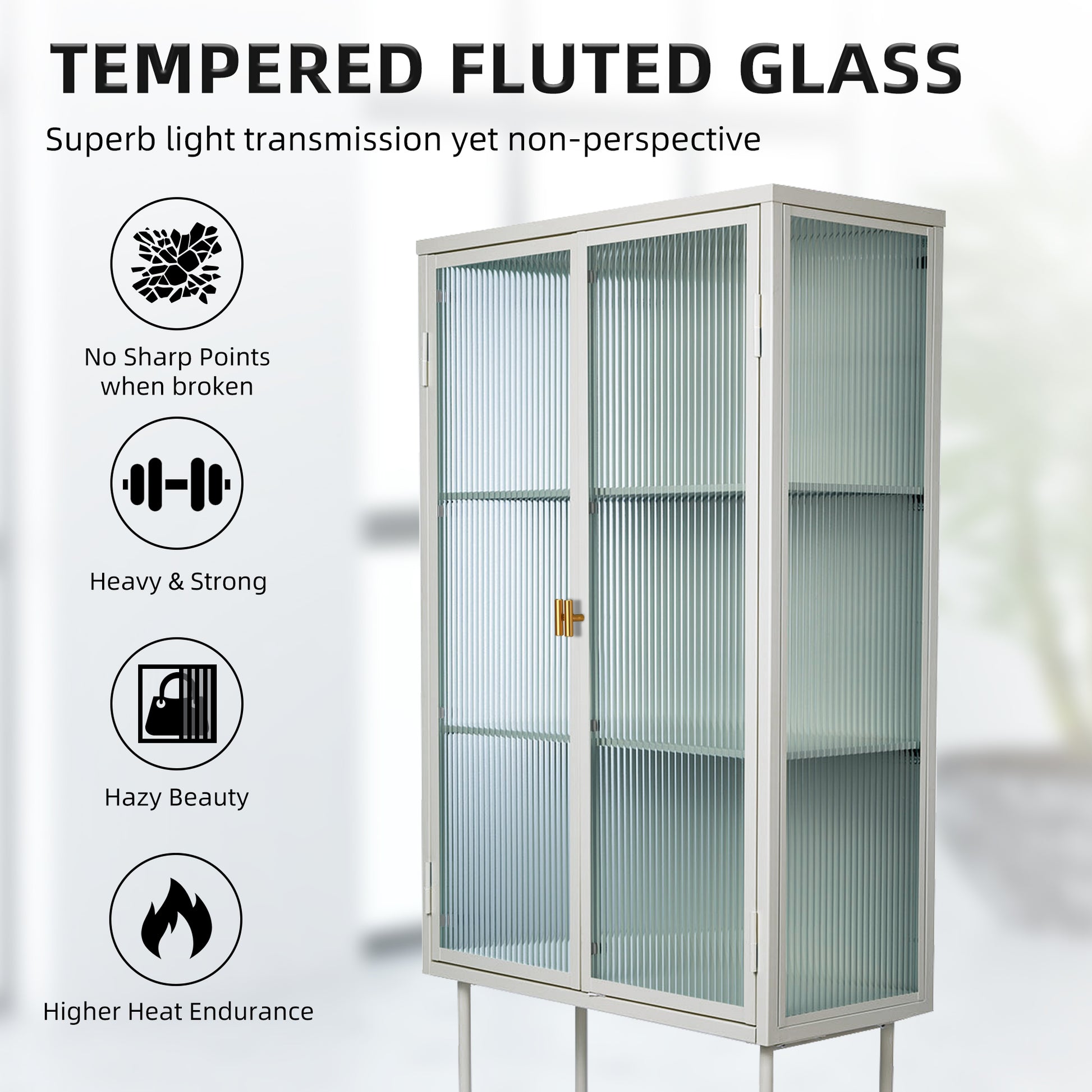 White Tall Freestanding Display Cupboard Stylish Fluted Glass Storage Cabinet With Glass Doors Three Detachable Shelves Bottom Space For Office Dining Room Living Room Bedside Old Sku:W68743735 White Steel