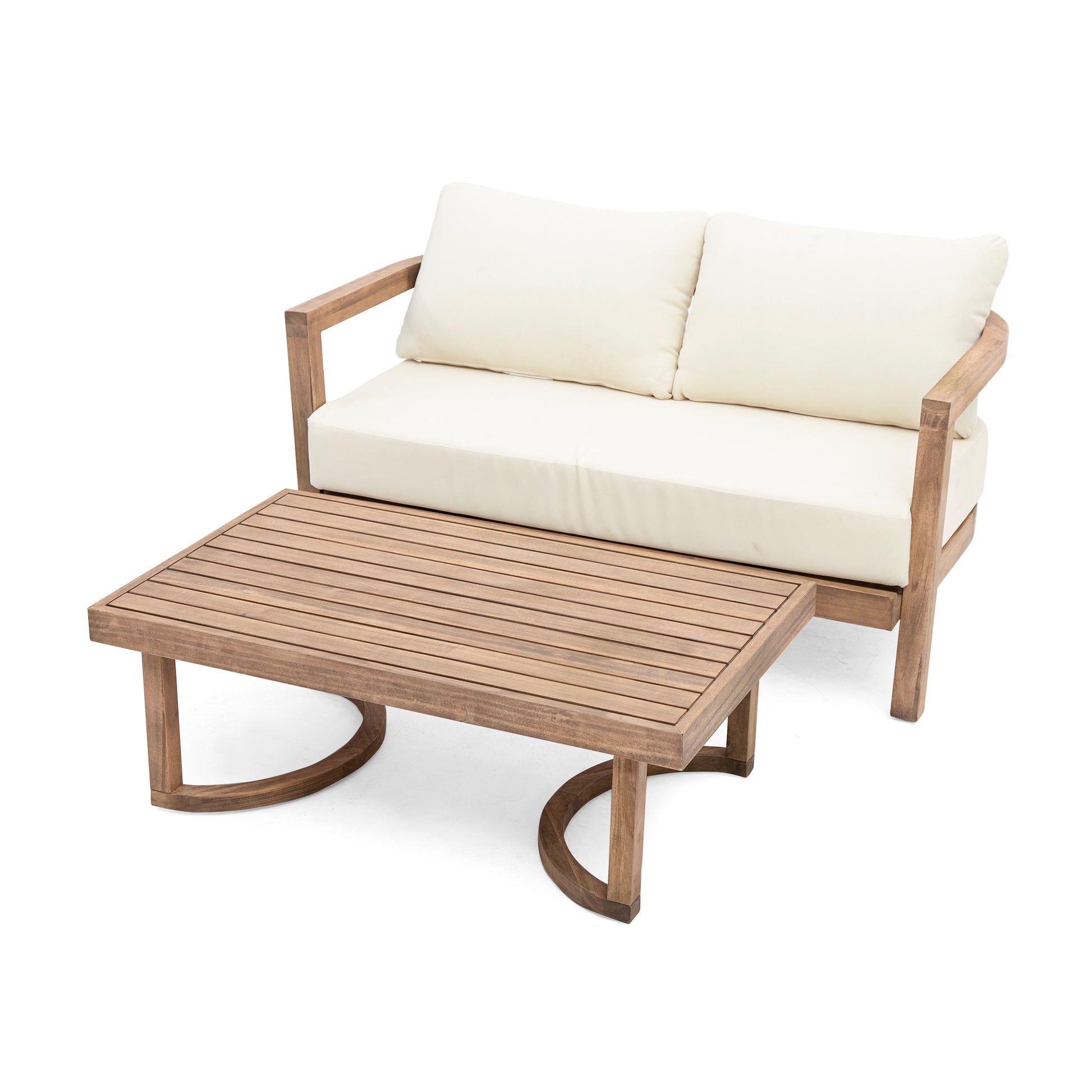 2 Person Outdoor Acacia Wood Patio Seating Group With Cushions And Coffee Table For Porch, Garden, Backyard, Balcony, Brown Wash, Beige Cushion Yes Brown Beige Seats 2 Garden & Outdoor 2 Person Seating Group Foam Acacia Wood