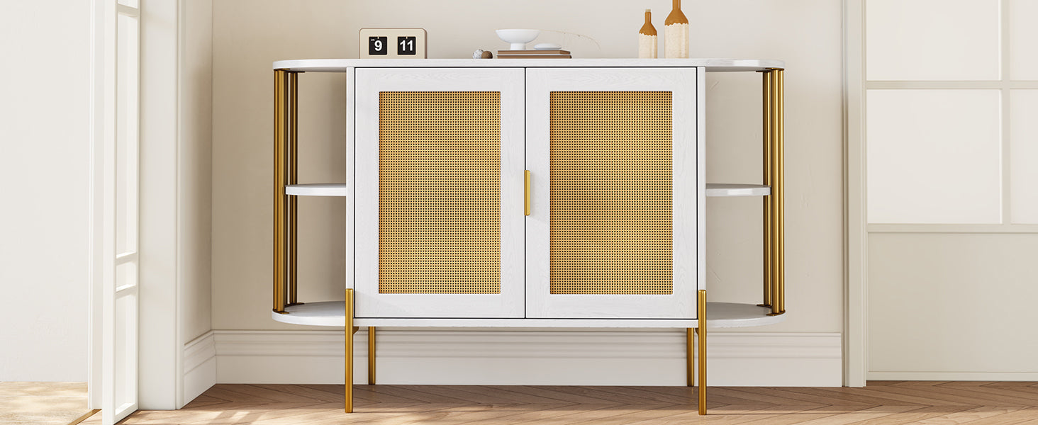 2 Door Elegant Curved Dining Cabinet With Gold Trim And Woven Rattan Doors For Dining Room White White Particle Board