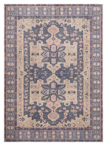 Traditional, Transitional, Oriental, Medallion, Border, Distressed Textured Cut And Loop Pile 7'6" X 10' Rectangle Area Rug Purple Polyester