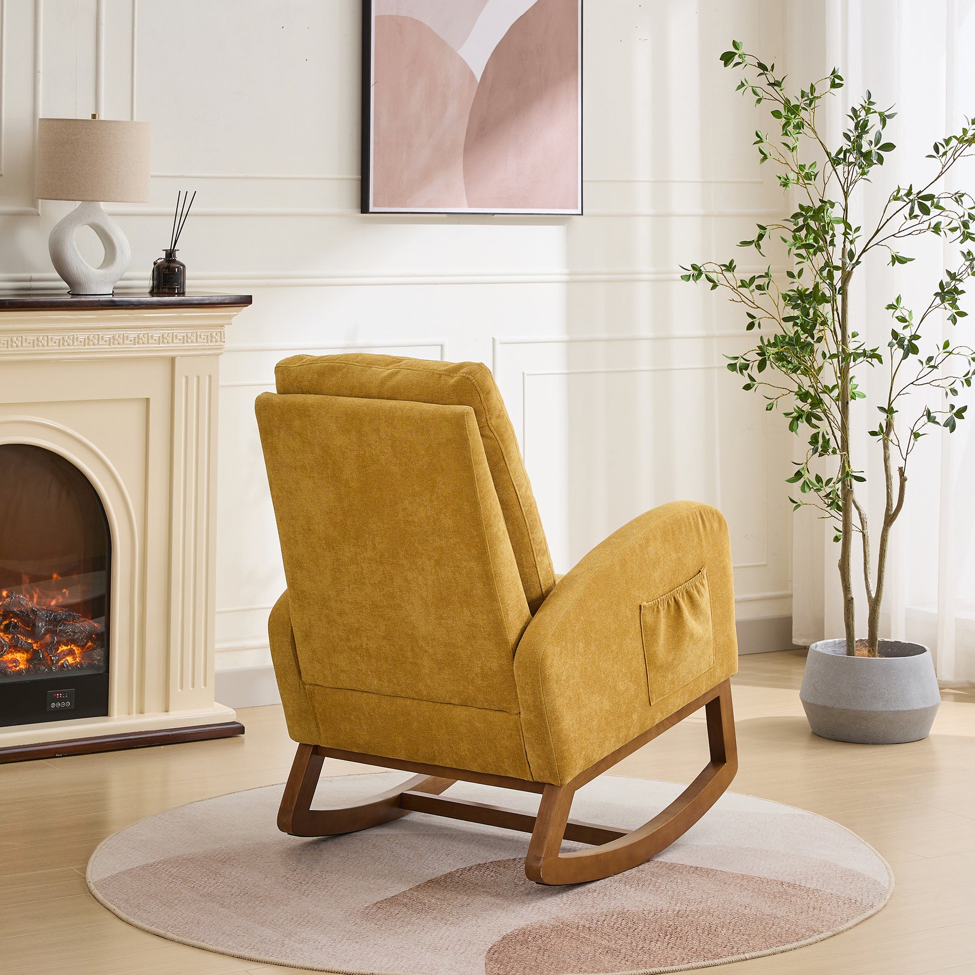 27.2"W Rocking Chair For Nursery, Polyester Glider Chair With High Back And Side Pocket, Rocking Accent Armchair With Rubber Wood Legs For Living Room Bedroom.Mustard Mustard Polyester