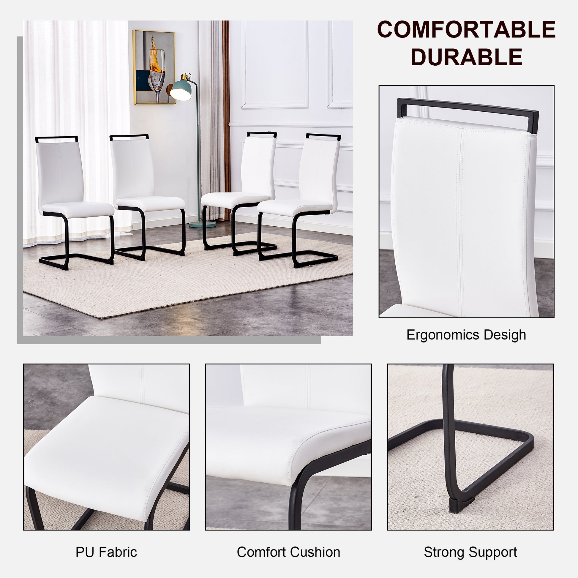 Table And Chair Set, Modern Dining Table, Black Tabletop And Black Mdf Leg Table, Soft And Comfortable Dining Chair, Perfect For Dinner, Meetings, Home And Office Decor White Black Mdf