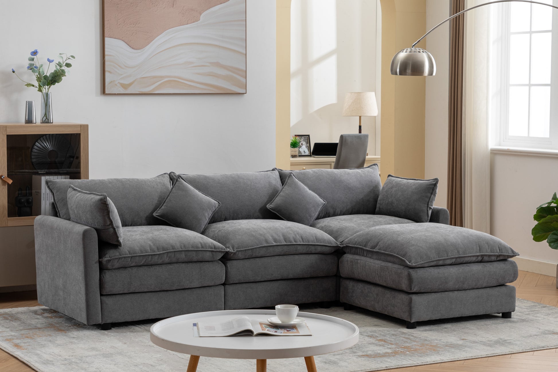 Modular Sectional Sofa, 3 Seater Sofa With Ottoman, Modern L Shaped Sofa For Living Room Bedroom Apartment Grey Chenille 3 Seat