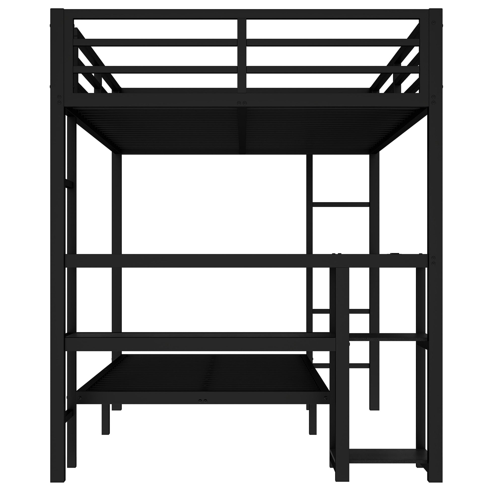 Full Xl Over Twin Bunk Bed With Desk And Shelves, Multiple Placement, With Led And Usb, Black Black Metal