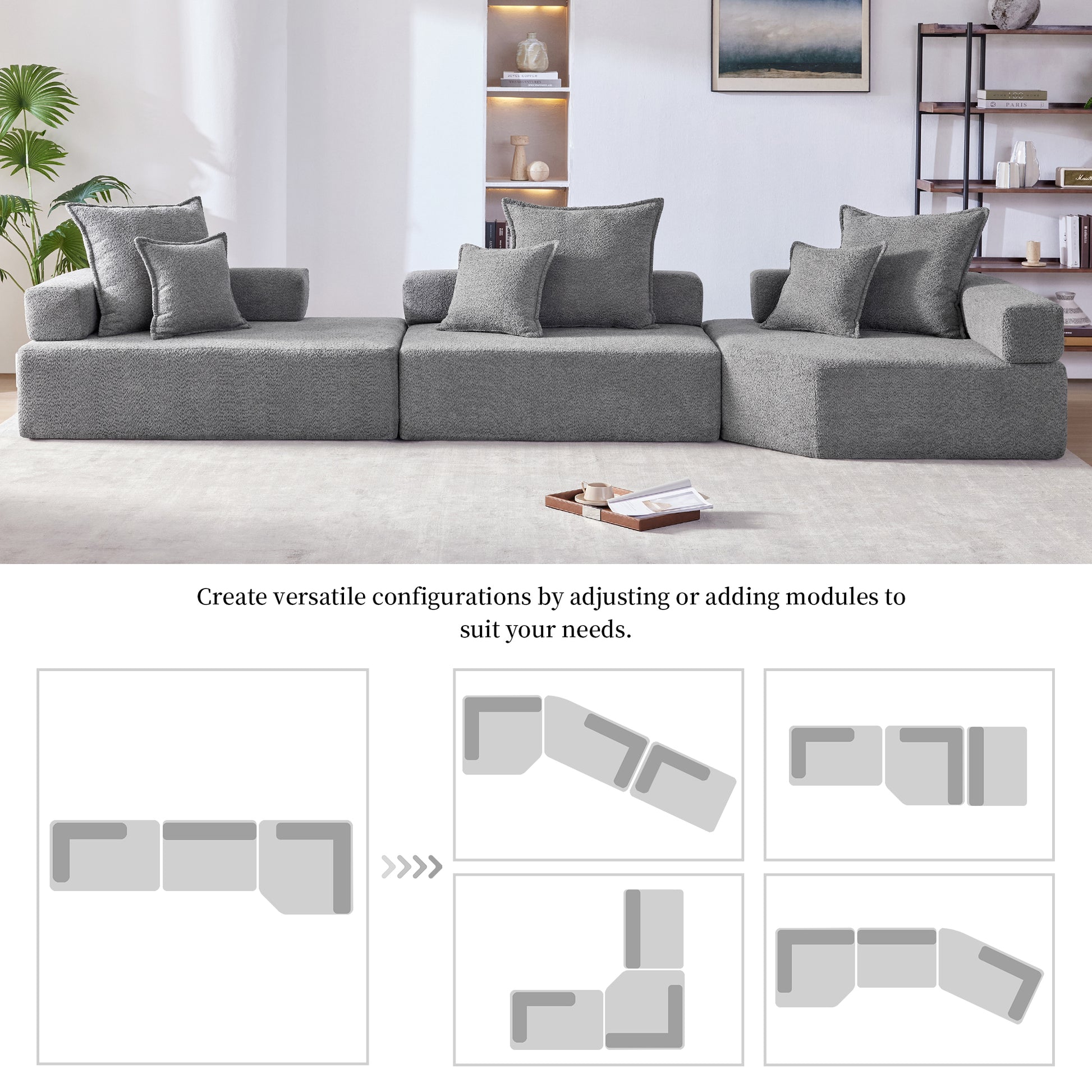 Oversized Modular Sectional Sofa,Luxury Boucle Floor Couch Set,Convertible Sleeper Couch,Spacious Foam Filled Sofa Bed For Living Room,3 Pc Free Combination,2 Colors Gray Boucle 5 Seat