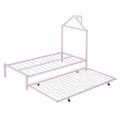Twin Size Metal Platform Bed With Twin Size Trundle,House Shaped Headboard Design, Pink Twin Pink Metal