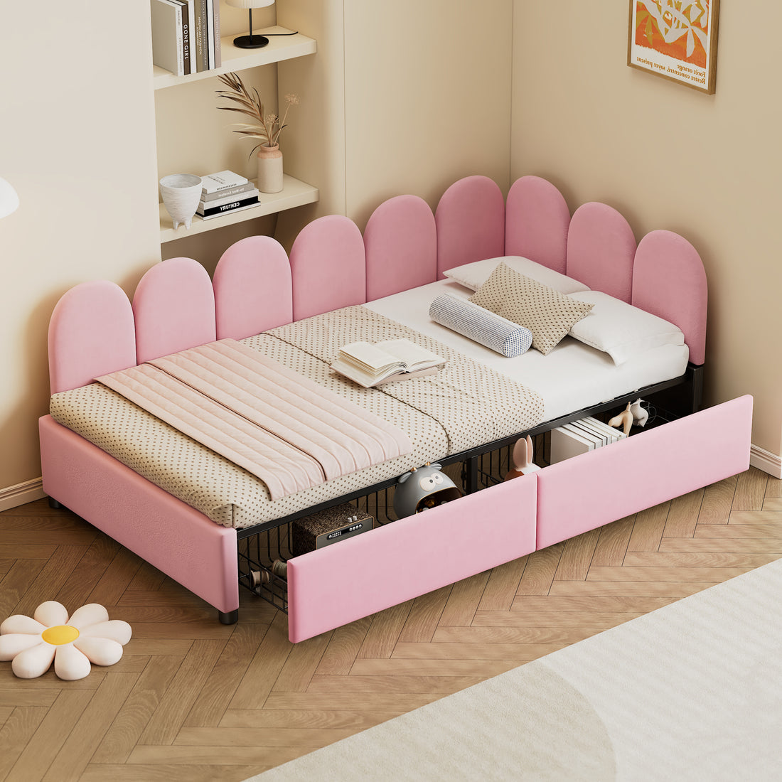 Twin Size Upholstered Daybed With 2 Drawers, Velvet Sofabed With Soft Fabric Headboard, No Box Spring Needed, Pink Twin Pink Wood Fabric