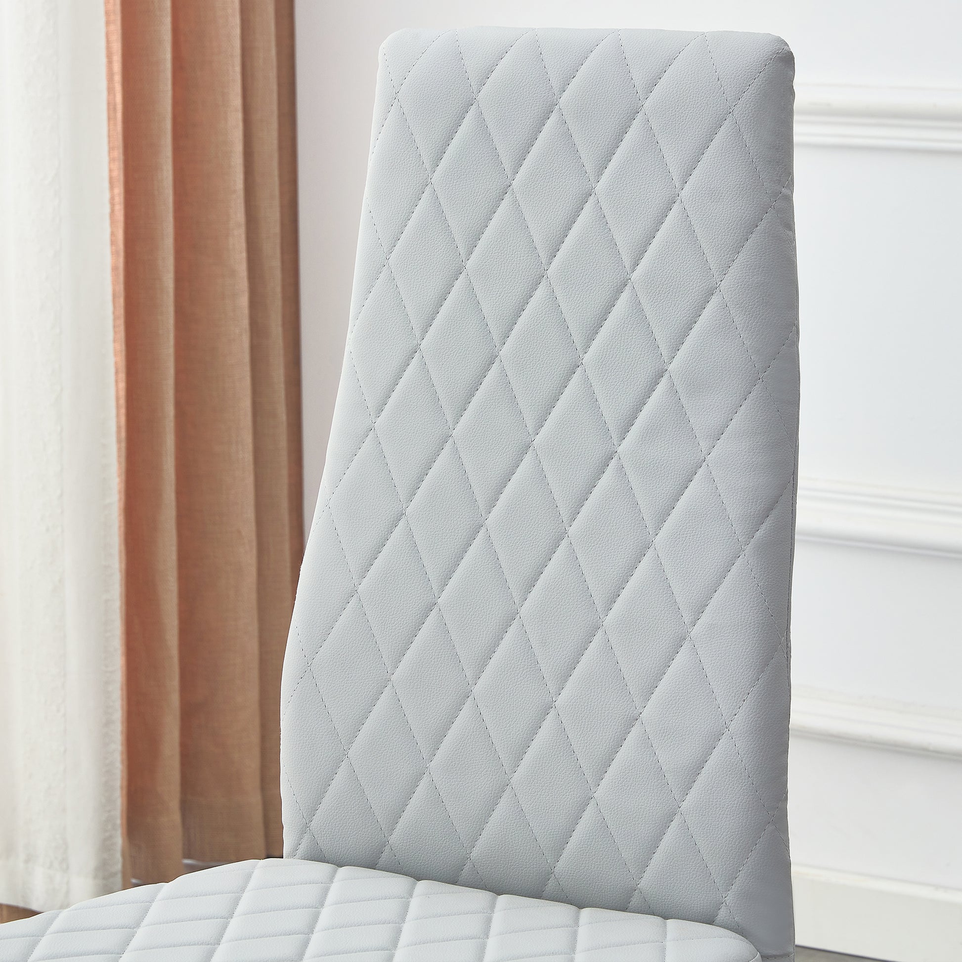 Table And Chair Set.Large Modern Rectangular Table With Brown Glass Top And Silver Metal Legs. Paired With 6 Light Gray Chairs With Checkered Armless High Back Pu Cushion And Silver Metal Legs. Light Gray,Silver Seats 6 Glass Metal