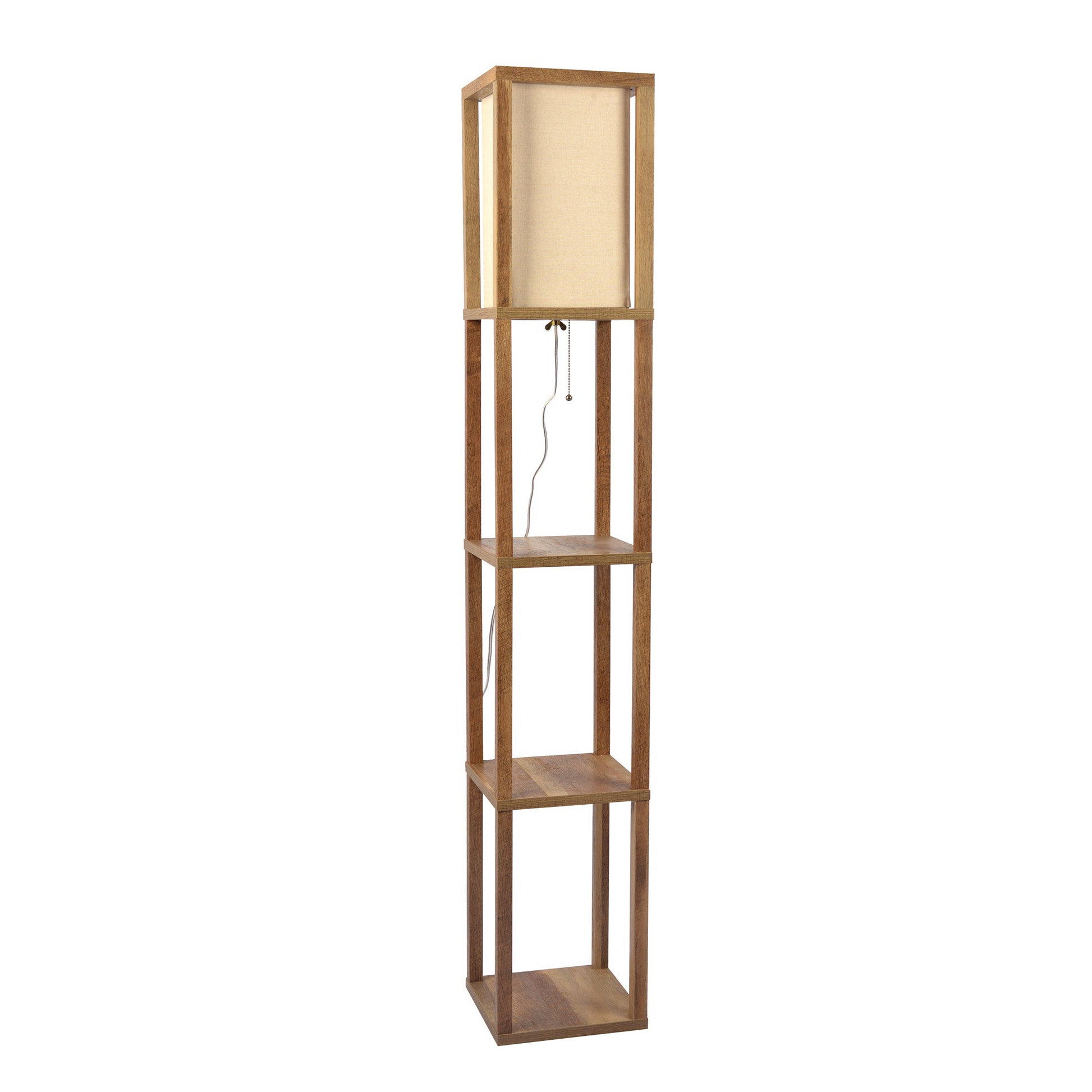 Pinnacle Shelf Floor Lamp For Bedroom Living Room, Natural Wood With Long Shade Natural Wood,White Fabric,Wood