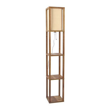 Pinnacle Shelf Floor Lamp For Bedroom Living Room, Natural Wood With Long Shade Natural Wood,White Fabric,Wood