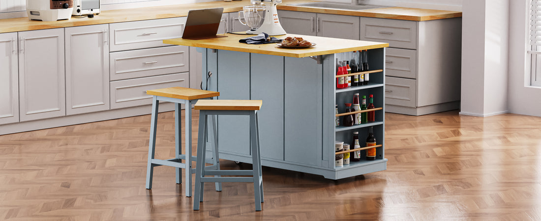 K&K 53Inch Large Kitchen Island With Drop Leaf,Power Outlet,Door Internal Storage Rack,Rolling Kitchen Cart On 5 Wheels With 5 Open Side Racks For Kitchen,Dining Room,Grey Blue Not Include Bar Stools Grey Blue Gray Kitchen Classic,Farmhouse,Luxury,Modern