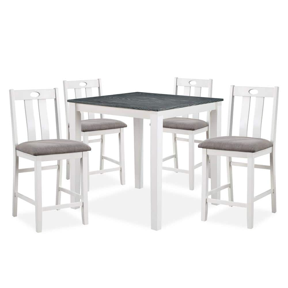 White Solid Wood 5Pc Counter Height Dining Set Table 4X Chairs Gray Linen Like Fabric Cushions Seats Chairs Dining Room Wood Dining Room Solid Wood Square Dining Table With Chair Wood Wood White Gray Slat Back Seats 4 36 Inches