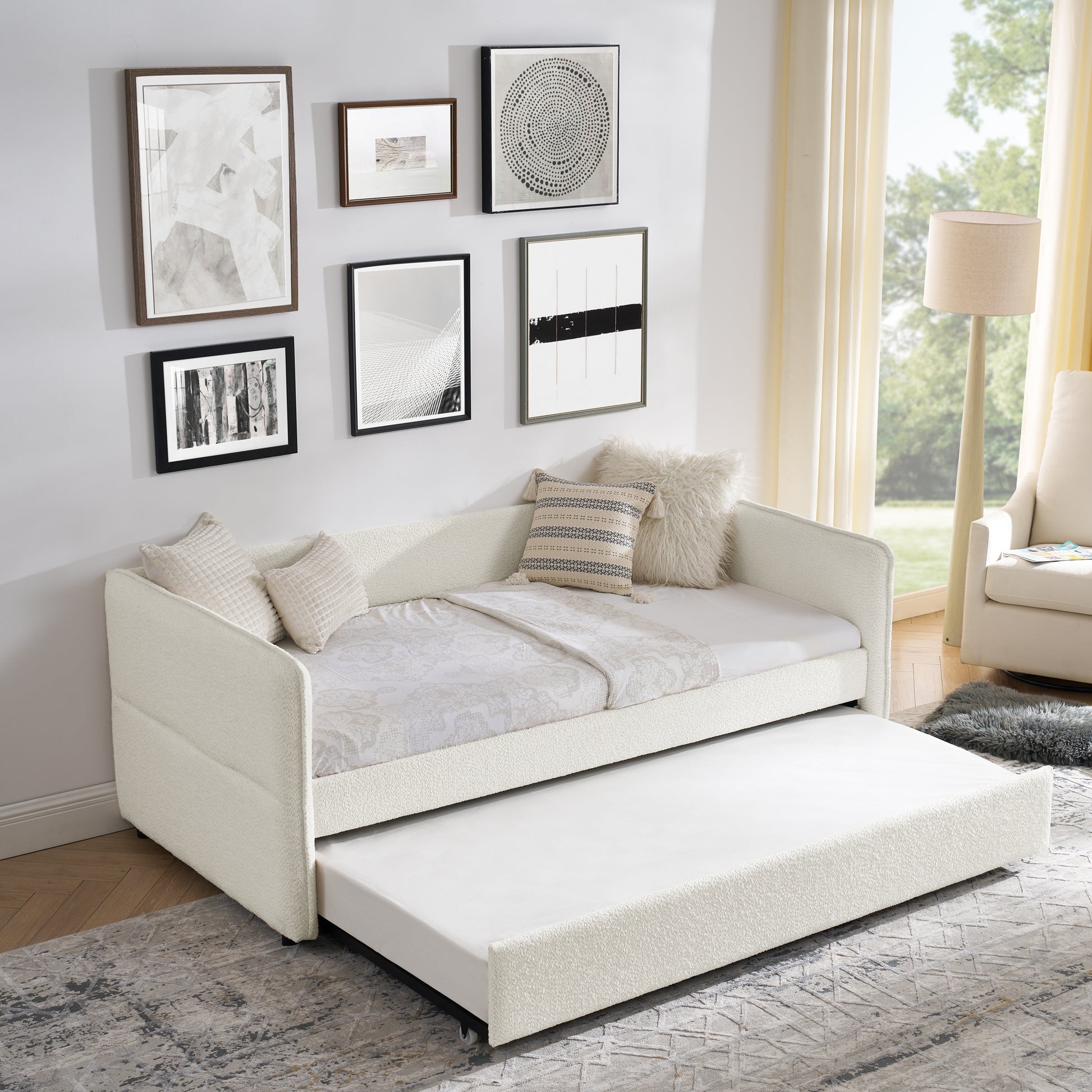 Daybed With Trundle Upholstered Tufted Sofa Bed, Twin Size, Boucle Fabric, Beige 83"X43"X29.5" Beige Boucle