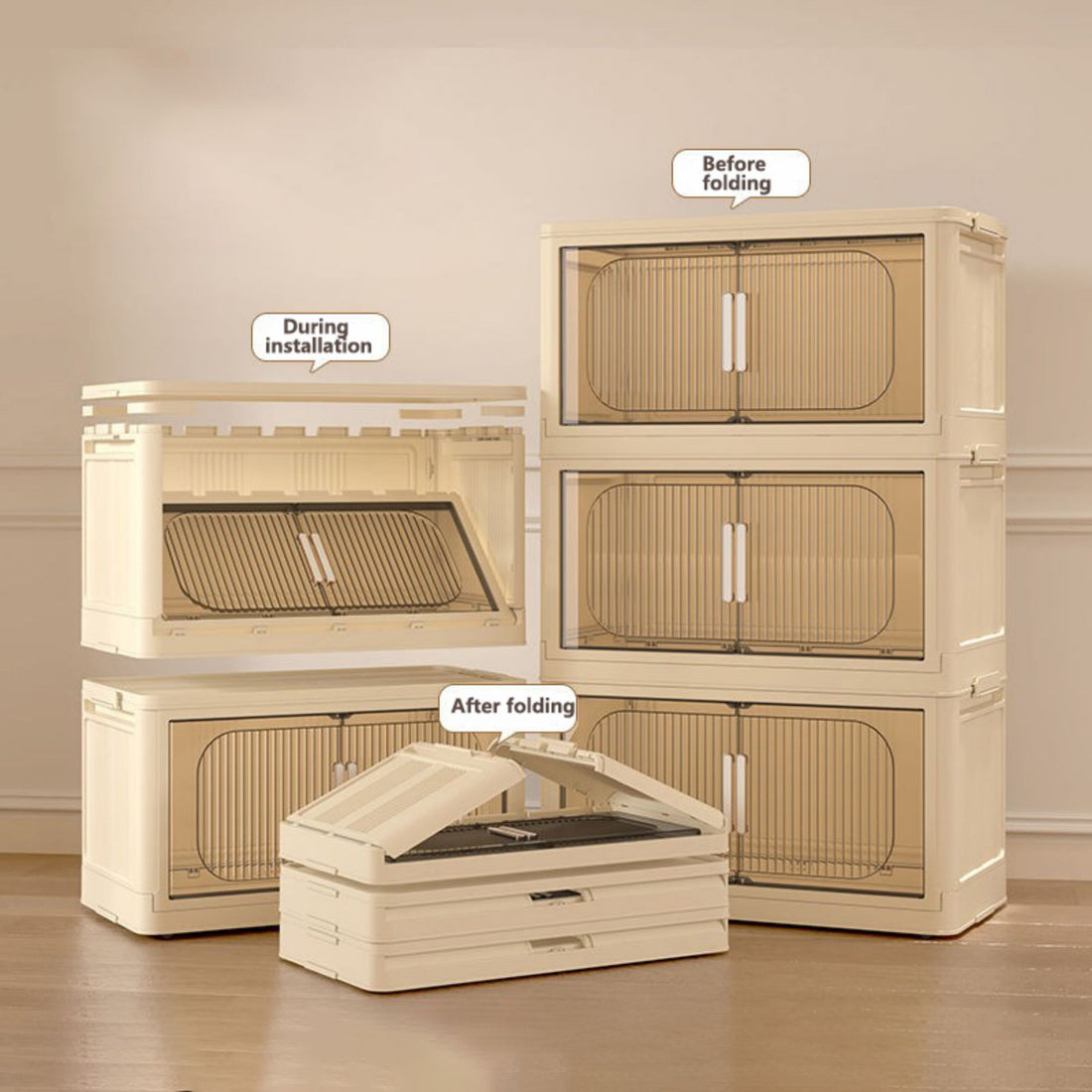 19.69" Side Wide Folding Storage Cabinet ,5 Tiers,19.69" 11.81" 50.00",Collapsible Storage Bins With Magnetic Door, Plastic Storage Cabinet With Wheels, Closet Organizers And Storage Containers Cream White Plastic