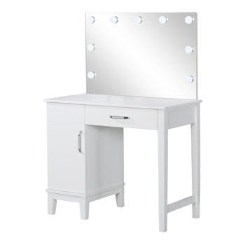 Vanity Set With 9 Led Bulbs And Tapered Block Legs, White White Solid Wood Mdf