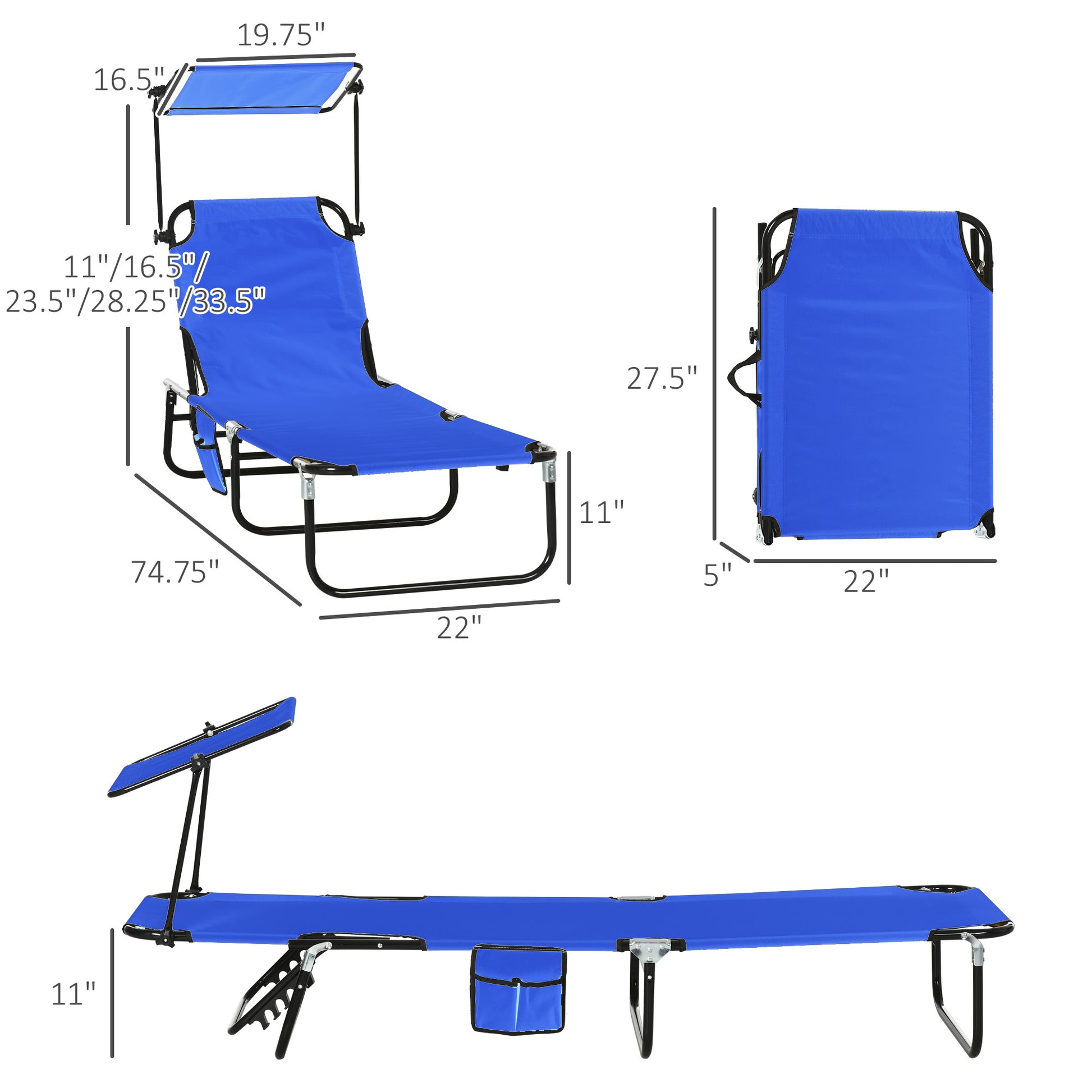 Outsunny Folding Chaise Lounge Pool Chairs, Outdoor Sun Tanning Chairs With Canopy Shade, Reclining Back, Steel Frame And Side Pocket For Beach, Yard, Patio, Blue Blue Steel