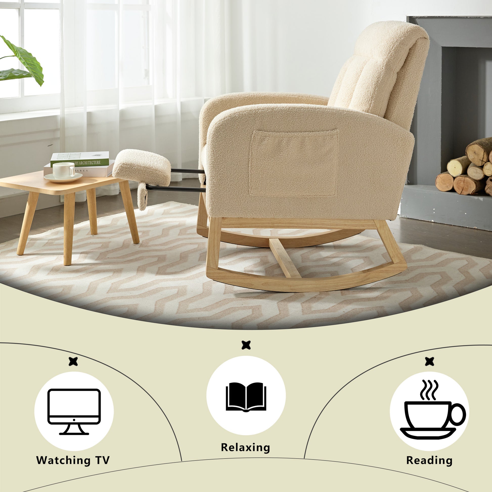 Modern Accent Rocking Chair Rocking Chair With Solid Wood Legs, Adjustable Footrest,Comfy Armchair With Side Pocket, Living Room Lounge Arm Chair With High Backrest Beige,Teddy Beige Polyester Blend