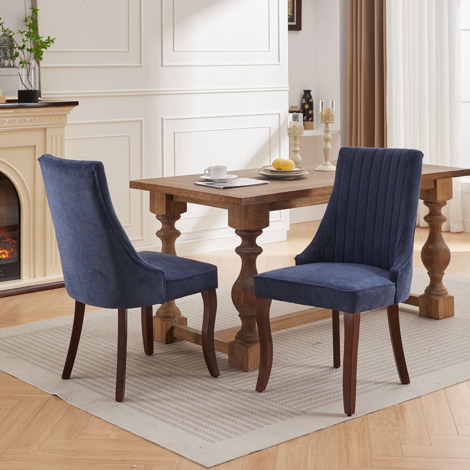 Rayon Cloth Flocking Linen Dining Chairs Channel Kitchen Dinner Chair Comfy Fabric Upholstered Accent Chair For Dining Room With Curved Solid Wood Legs,Set Of 2 Blue , Sw1847Bl Blue Light Brown Dining Room American Design,American Traditional Dining