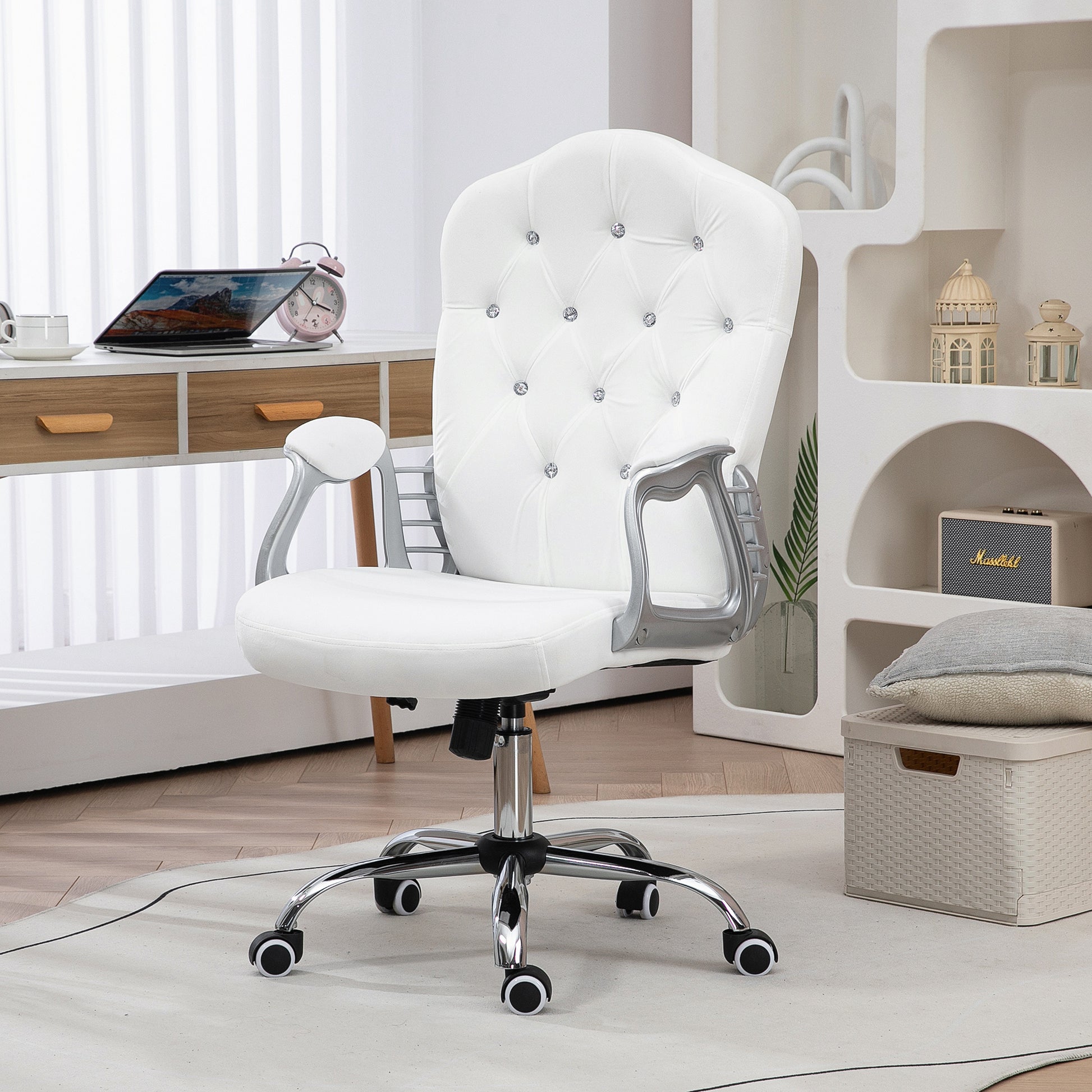 Vinsetto Home Office Chair, Velvet Computer Chair, Button Tufted Desk Chair With Swivel Wheels, Adjustable Height, And Tilt Function, White White Polyester