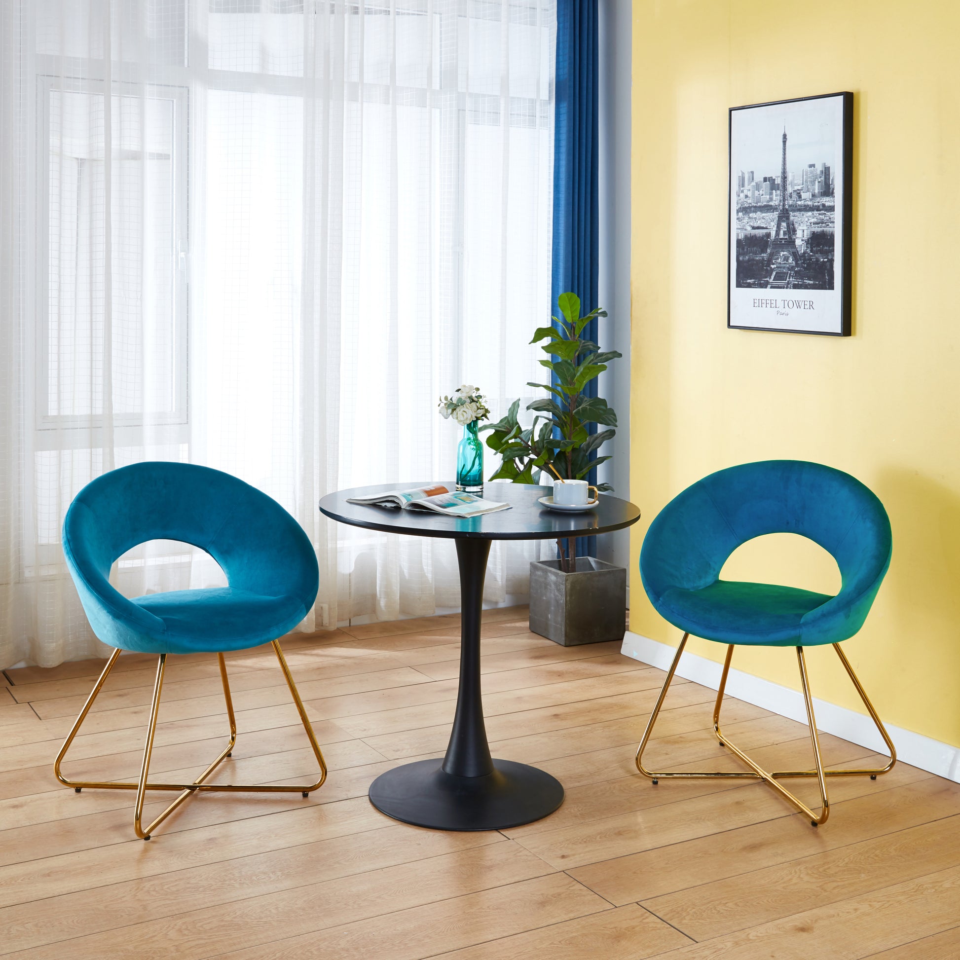 Modern Accent Velvet Chairs Set Of 2 Dining Chairs Single Sofa Comfy Upholstered Arm Chair Living Room Furniture Mid Century Leisure Lounge Chairs With Golden Metal Frame Legs Light Blue Velvet