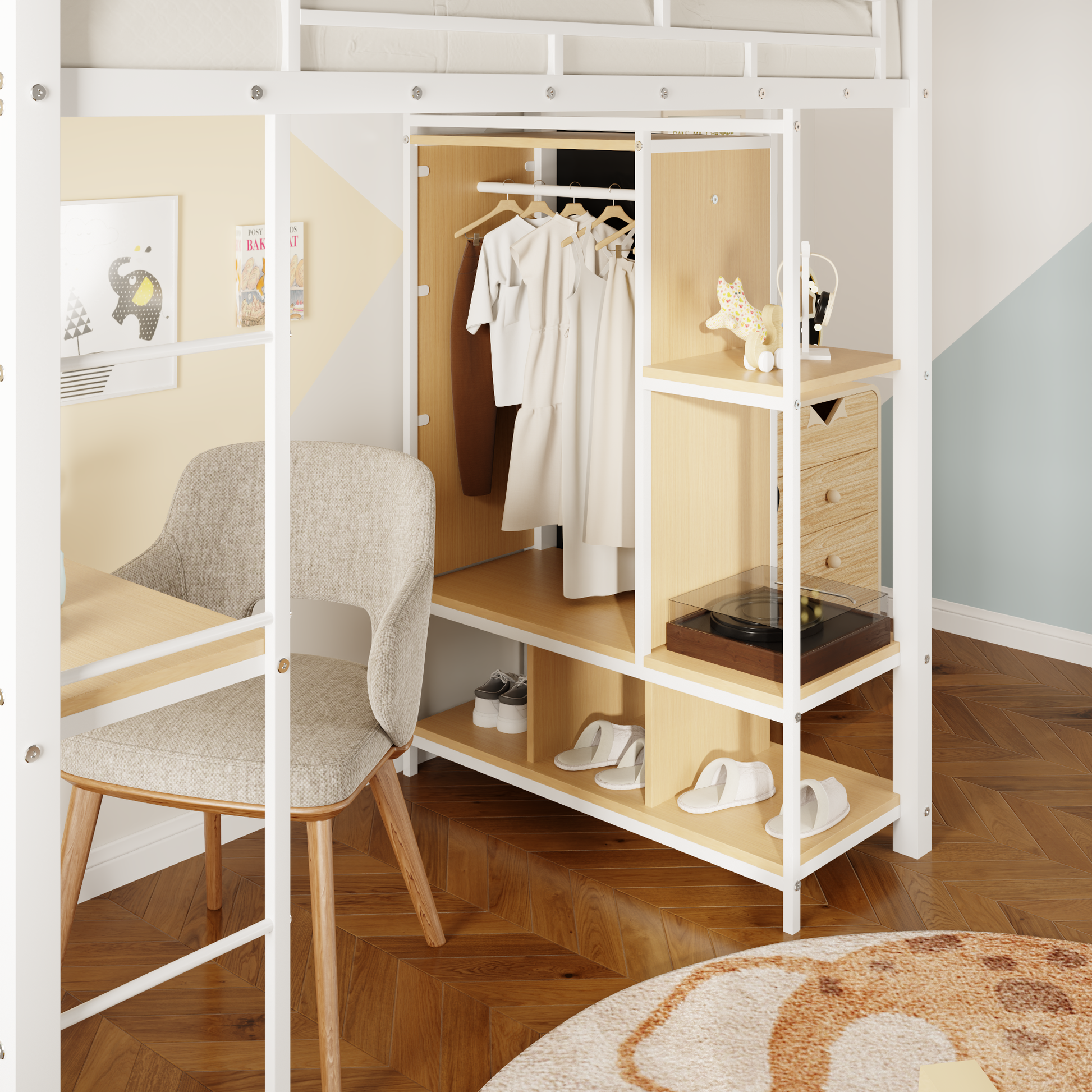 Twin Size Metal Loft Bed With Built In Wardrobe, Desk And Shelves, Black Expected Arrival Time: 9.3 Box Spring Not Required Twin White Metal Mdf Metal