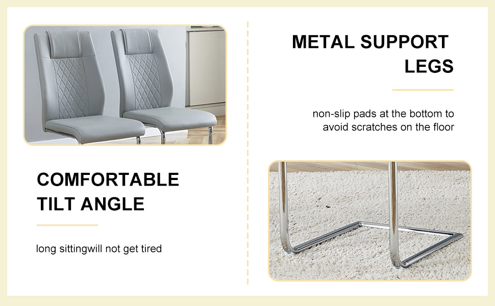 Table And Chair Set.36.6"Round Clear Glass Dining Table With A Unique Shape With Ring Shaped Gathered Silver Metal Legs.Paired With 4 Light Gray High Quality Pu Dining Chairs With Silver Metal Legs.