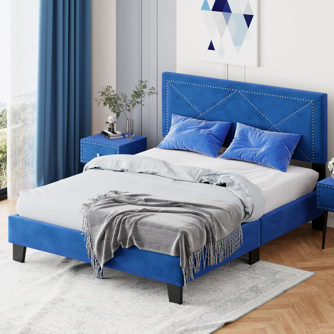 Simple Queen Size Upholstered Bed Frame With Rivet Design, Modern Velvet Platform Bed With Headboard, Blue Queen Blue Bedroom Bed Frame Velvet Solid Wood Mdf