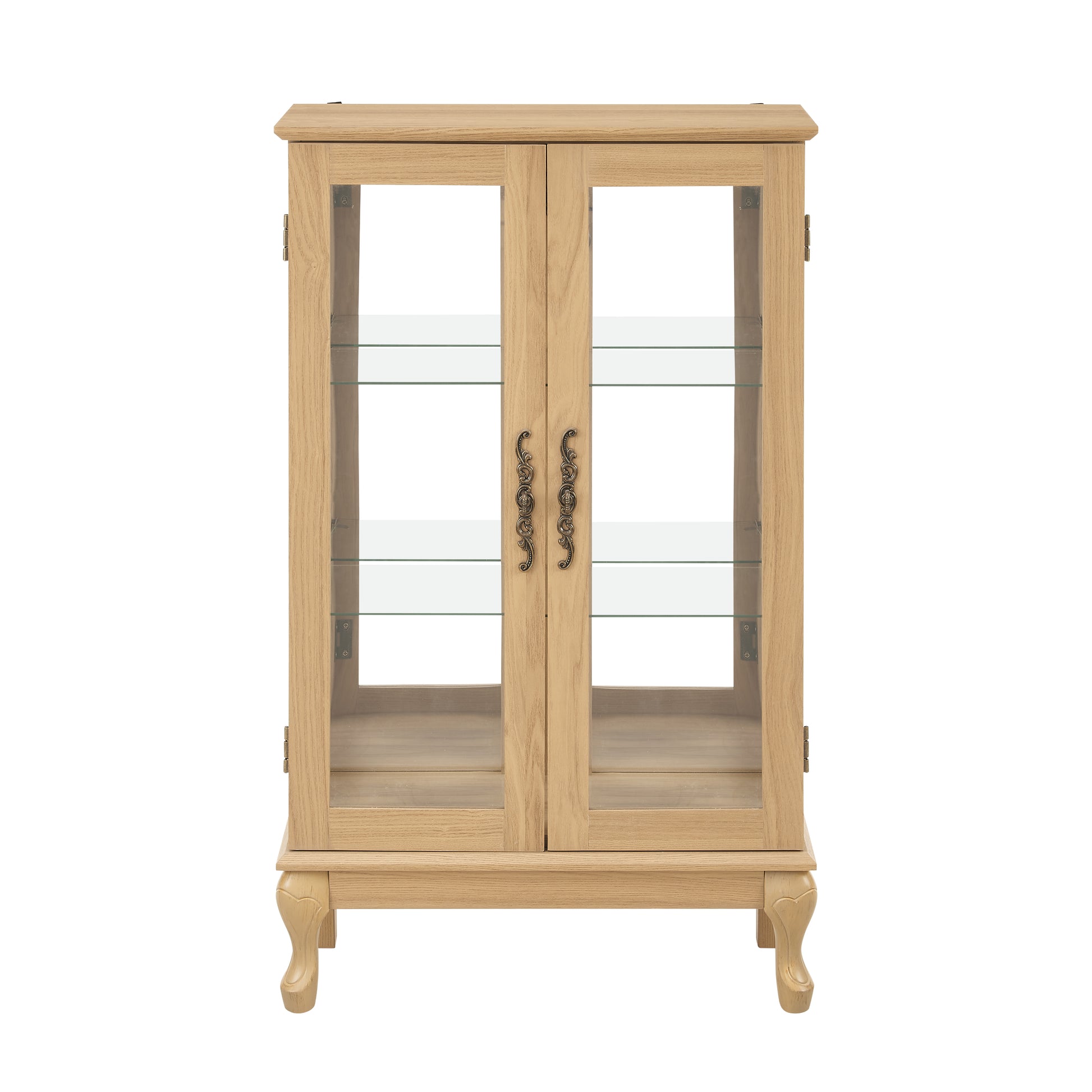 2 Doors Curio Cabinet With Tempered Glass Doors, Curio Cabinets With Mirrored Back Panel And Adjustable Shelves, Lighted Display Cabinet For Home, Office Light Bulb Included Oak Oak Mdf Glass