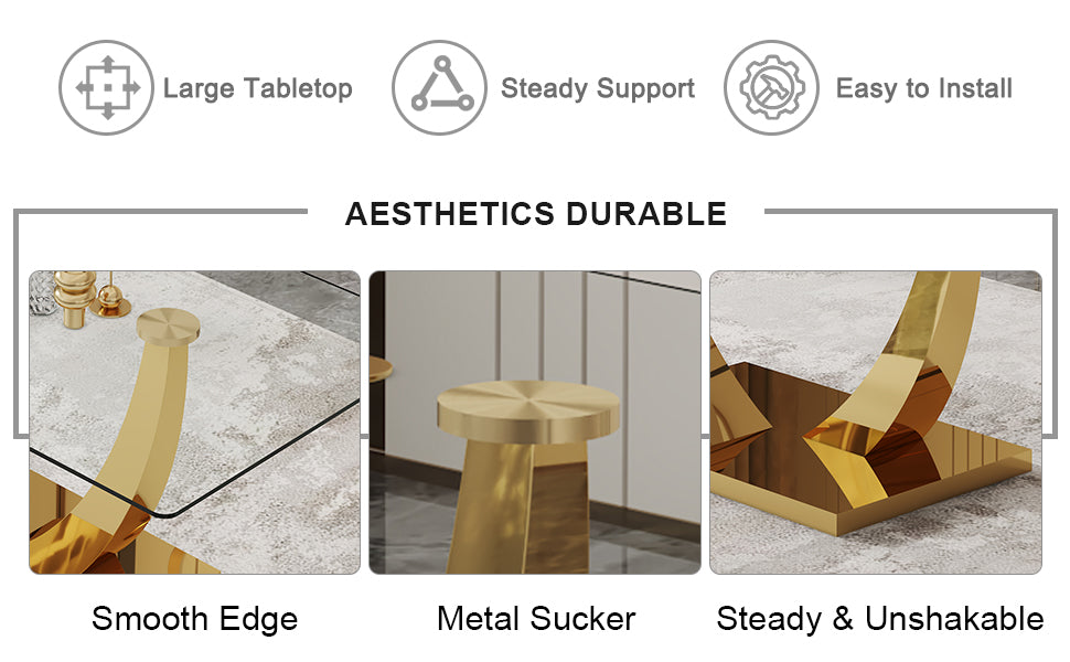 Table And Chair Set.Modern Rectangular Dining Table With Transparent Tempered Glass Tabletop And Gold Plated Metal Legs.Paried With 8 Comfortable Chairs With Pu Seats And Golden Metal Legs. Transparent,White Gold Seats 8 Glass Metal