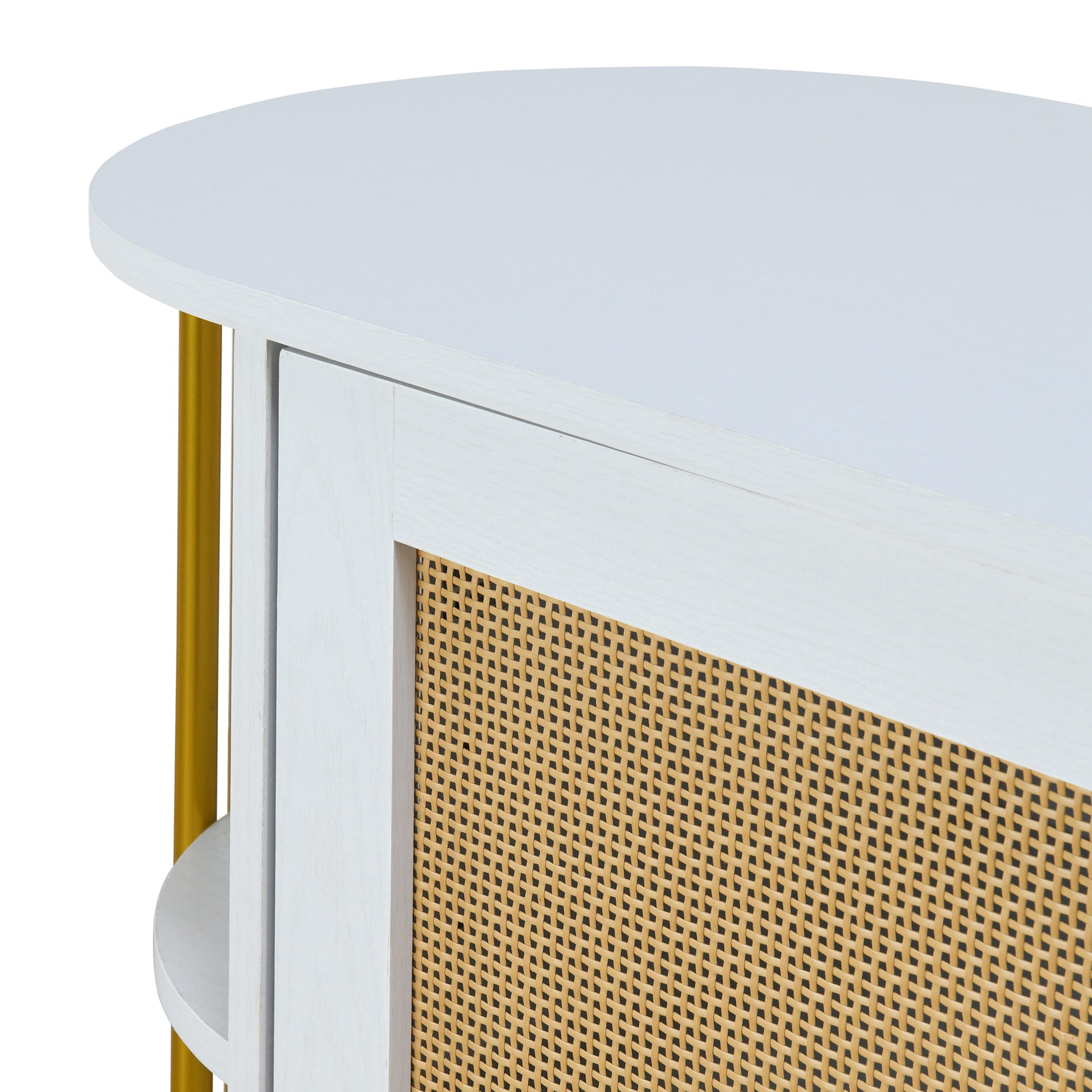 2 Door Elegant Curved Dining Cabinet With Gold Trim And Woven Rattan Doors For Dining Room White White Particle Board