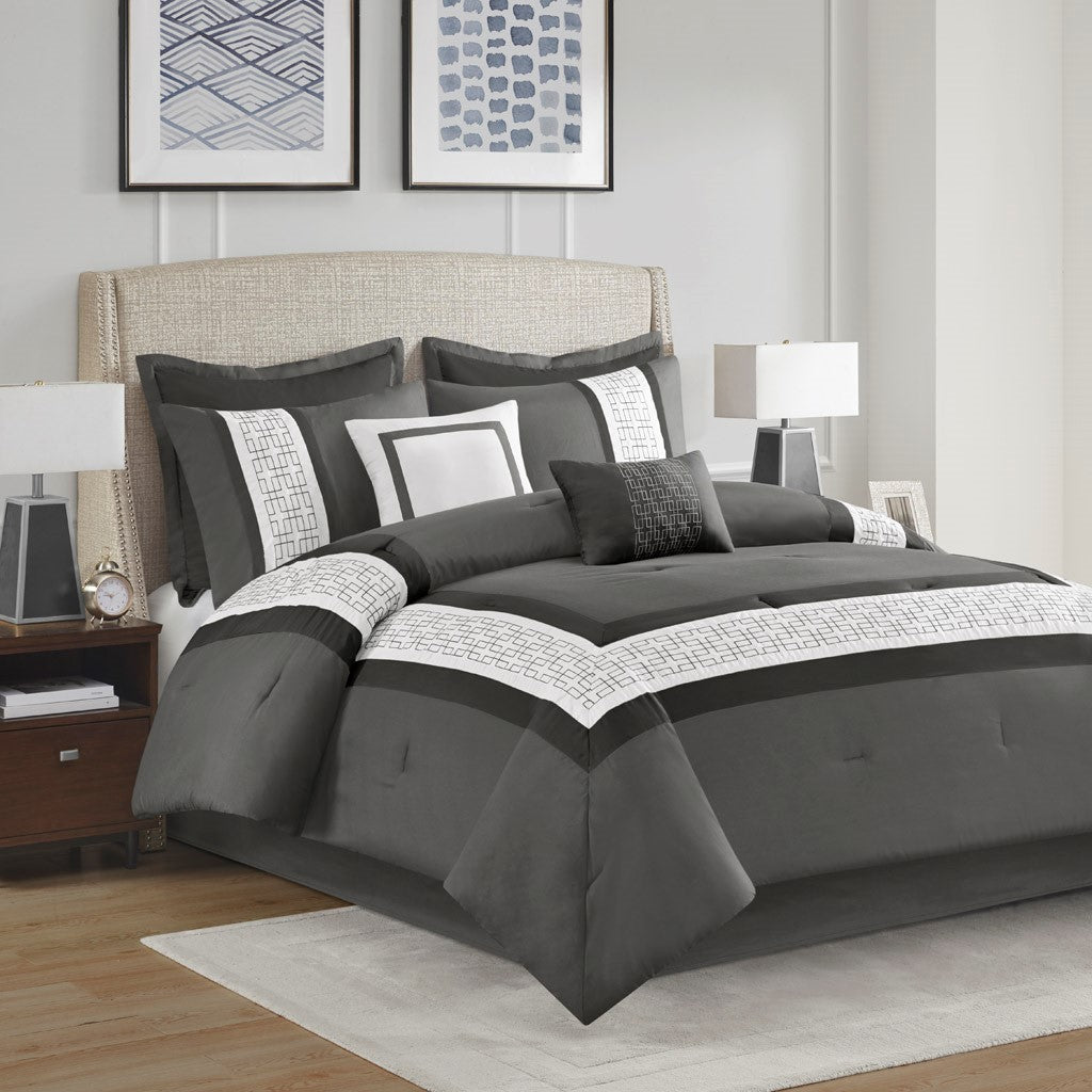 8 Piece Embroidered Comforter Set Dark Grey Queen Dark Grey Polyester