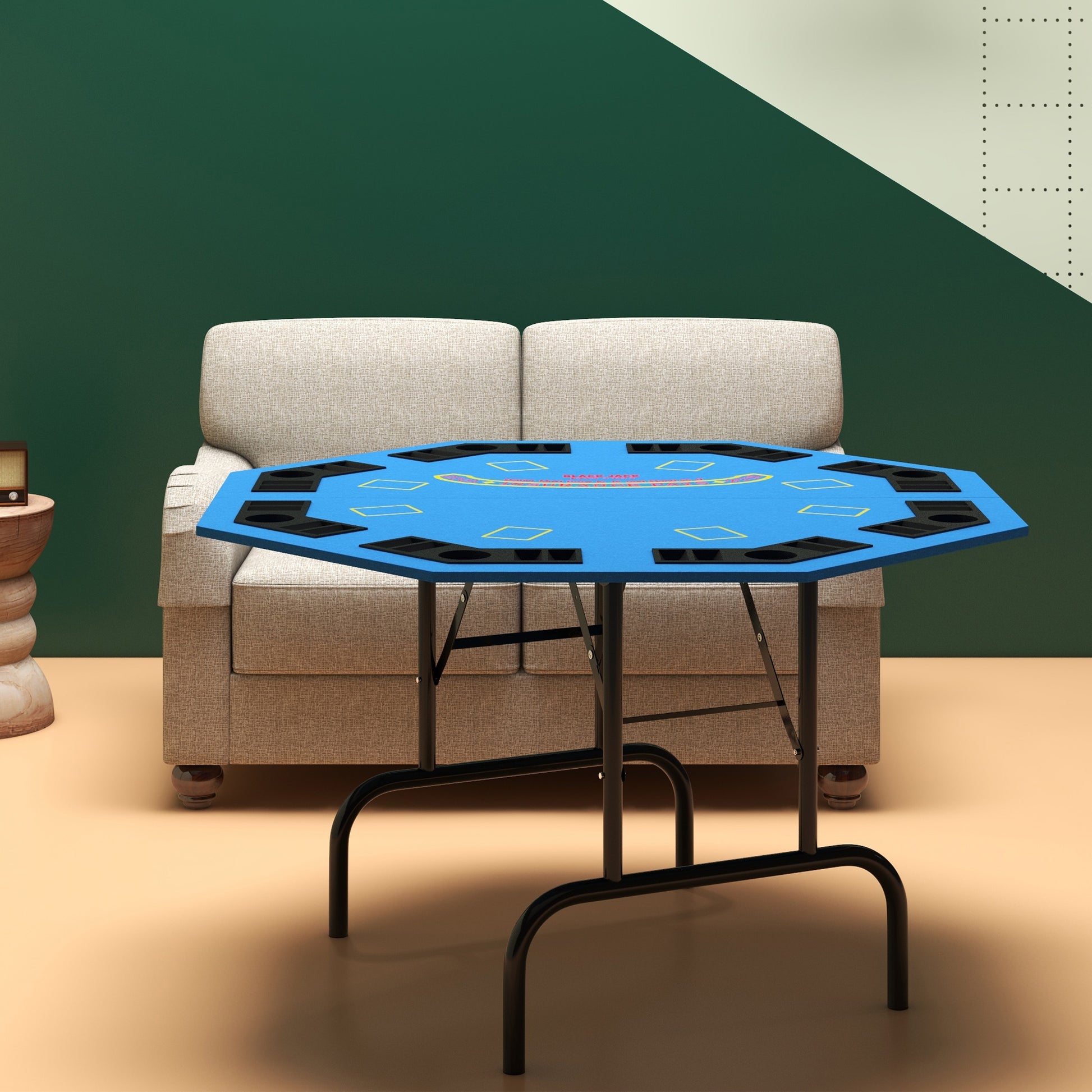 Soozier Poker Table Foldable 47" Octagon Casino Table Blackjack Texas Holdem Poker Table For 8 Players With Chips Tray And Cup Holders, Blue Blue Mdf Steel