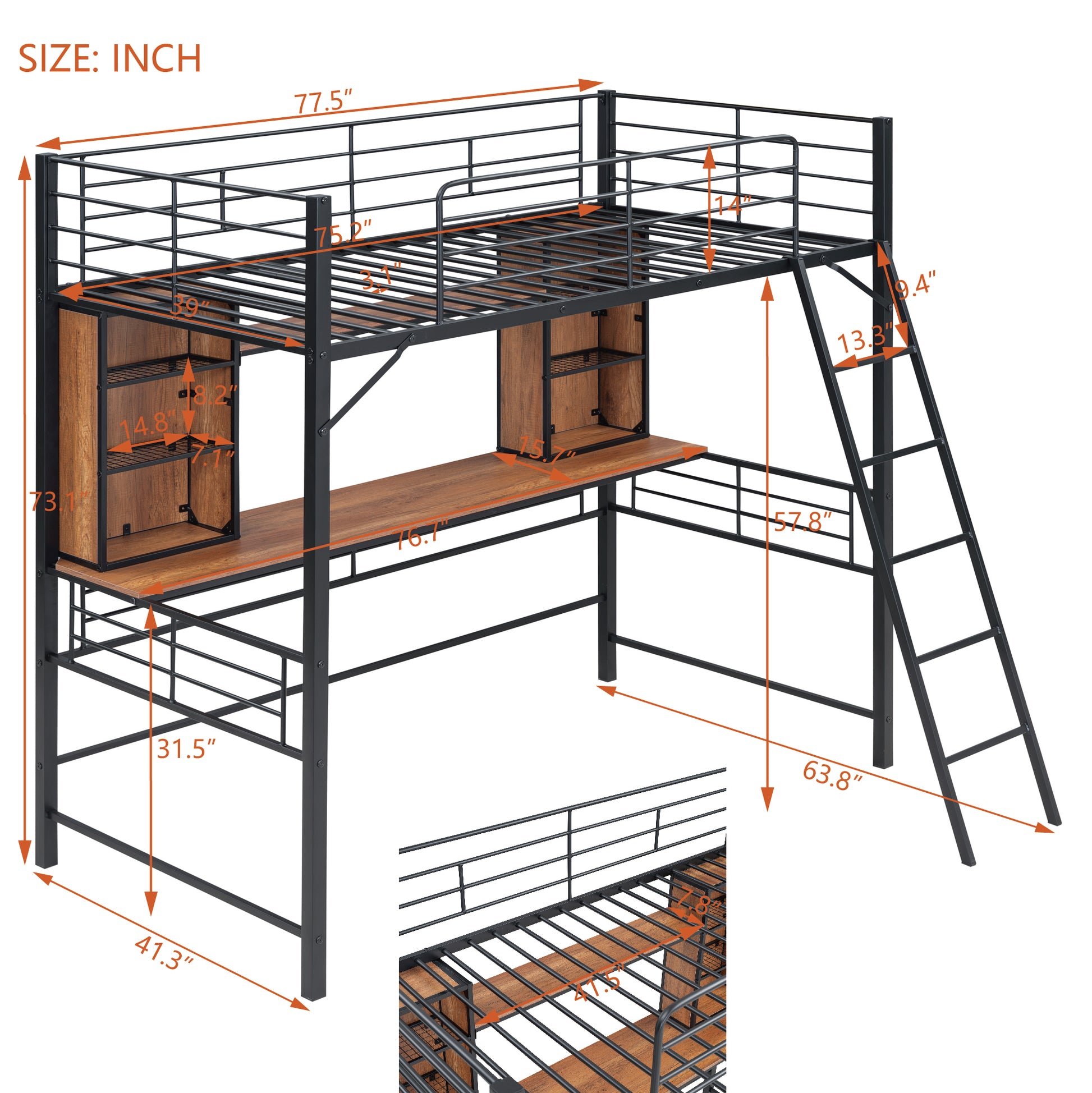 Twin Size Loft Bed With Desk And Shelfloft Bed With Ladder,Twin,Black Twin Black Metal