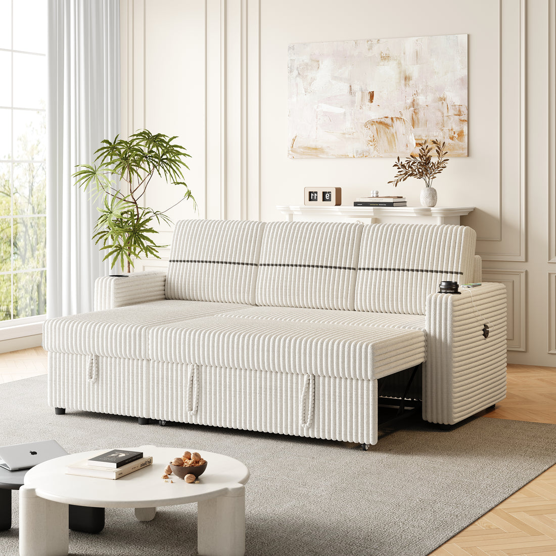 85 Inches Corduroy Sofa Bed, 3 Seater Sleeper Sofa With Storage Chaise, Square Handrail With Two Cup Holder And Usb Charge Port, Pull Out Couch For Living Room Beige Corduroy 3 Seat