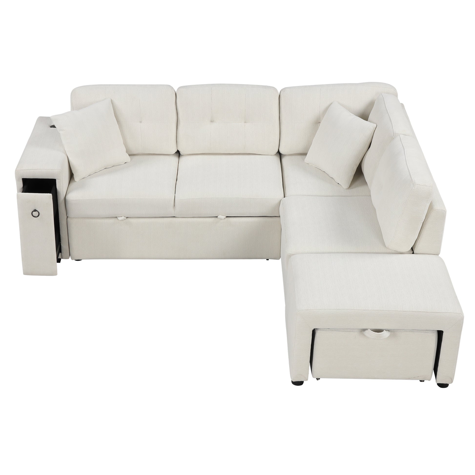 86.6" Sectional Sofa L Shaped Sofa Couch Pull Out Sofa Bed With A Movable Ottoman, Two Usb Ports And Two Cup Holders For Living Room, Beige Beige Foam Chenille 4 Seat