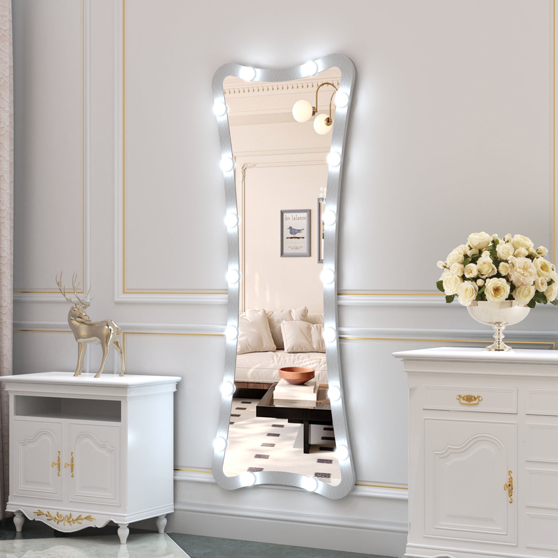 Hollywood Full Length Mirror With Lights Full Body Vanity Mirror With 3 Color Modes Lighted Standing Floor Mirror For Dressing Room Bedroom Wall Mounted Touch Control Silver 63"X24" Silver Aluminium