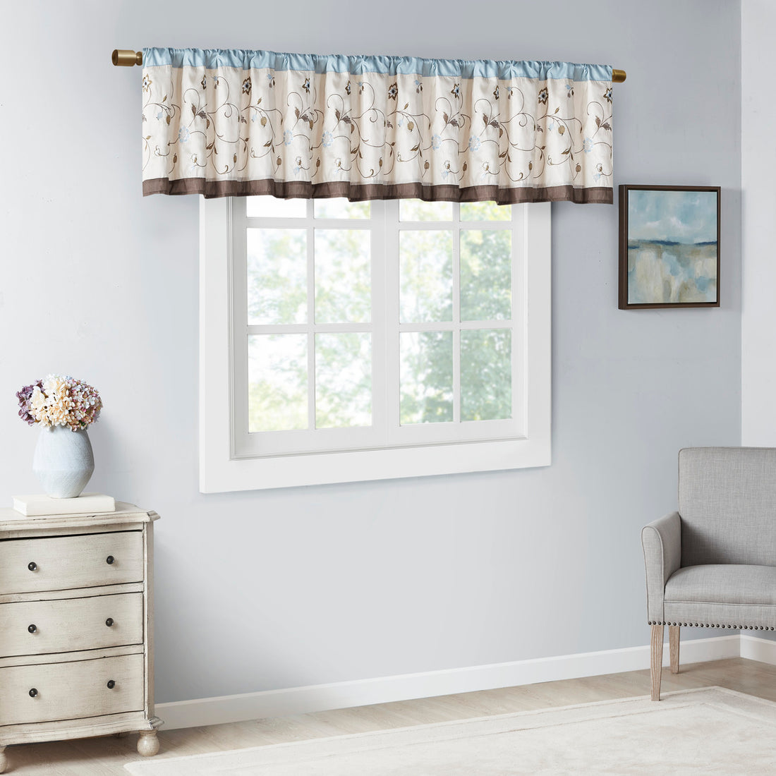 Embroidered Window Valance Blue 50X18" Blue Polyester