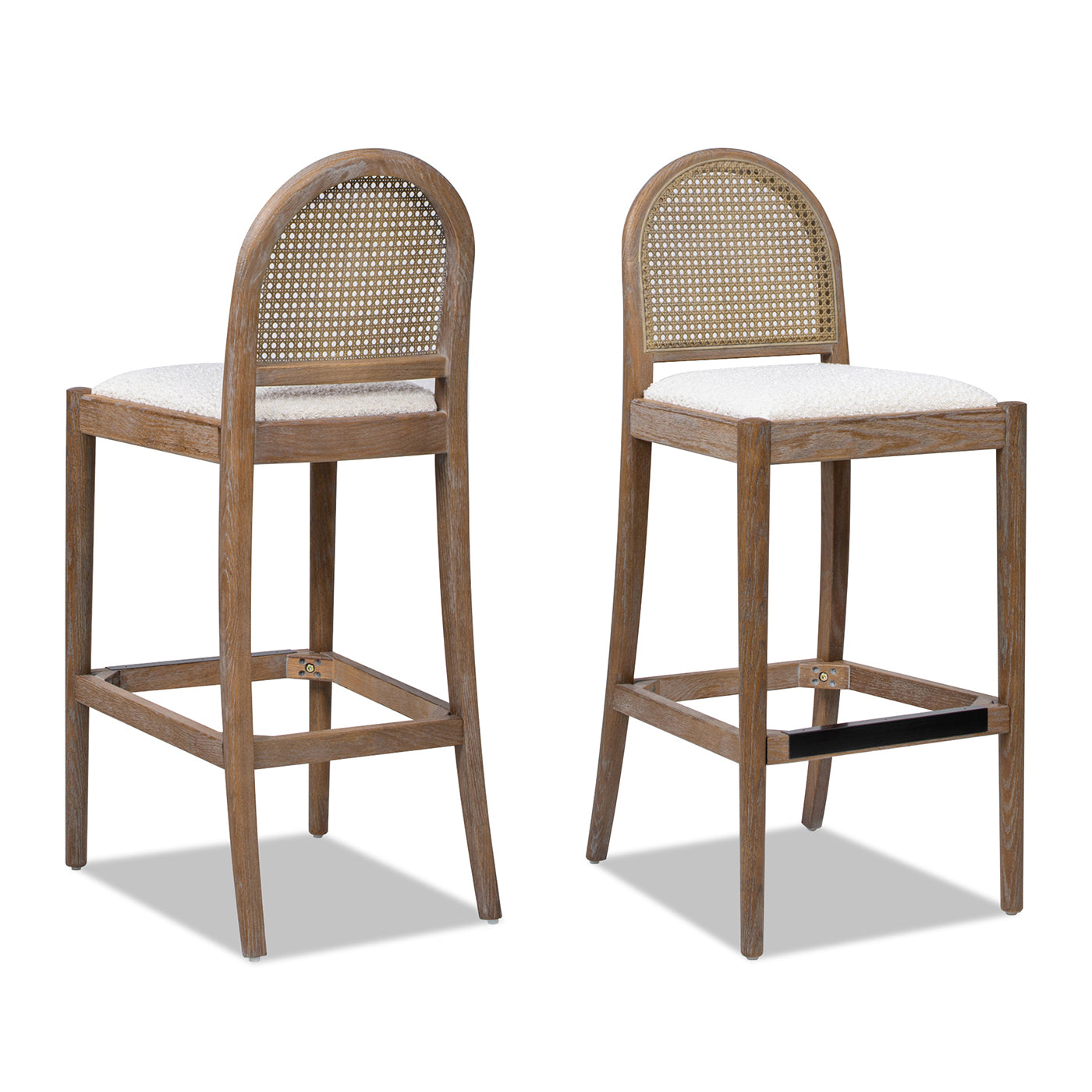 Panama 30.5" Curved Back Cane Rattan Bar Stool, Set Of 2, Ivory White Boucle White Foam Wood Fabric Rattan