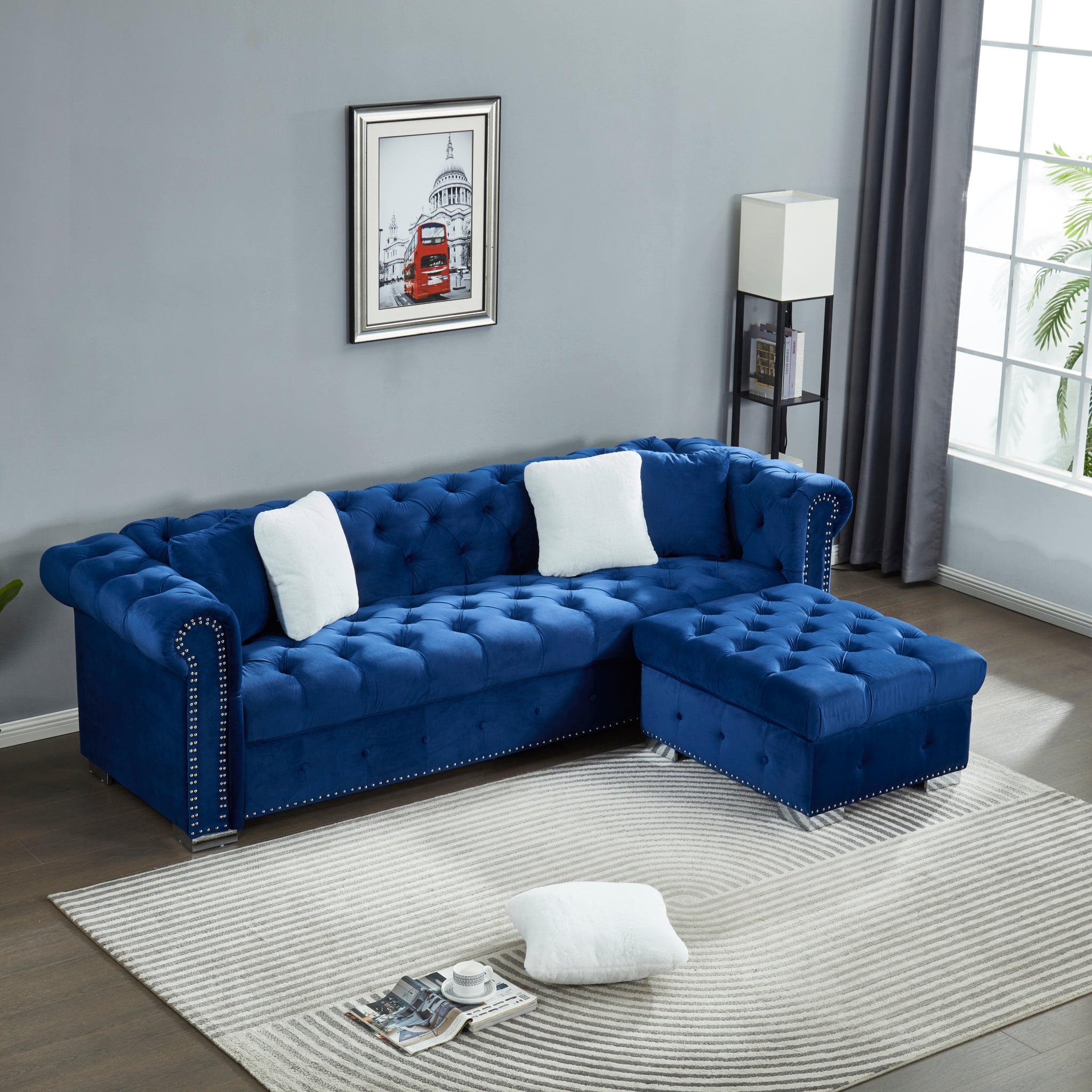 Reversible Sectional Sofa 4 Seater Oversized Convertible L Shaped Couch Velvet Sofa Couch Navy Blue Velvet 4 Seat