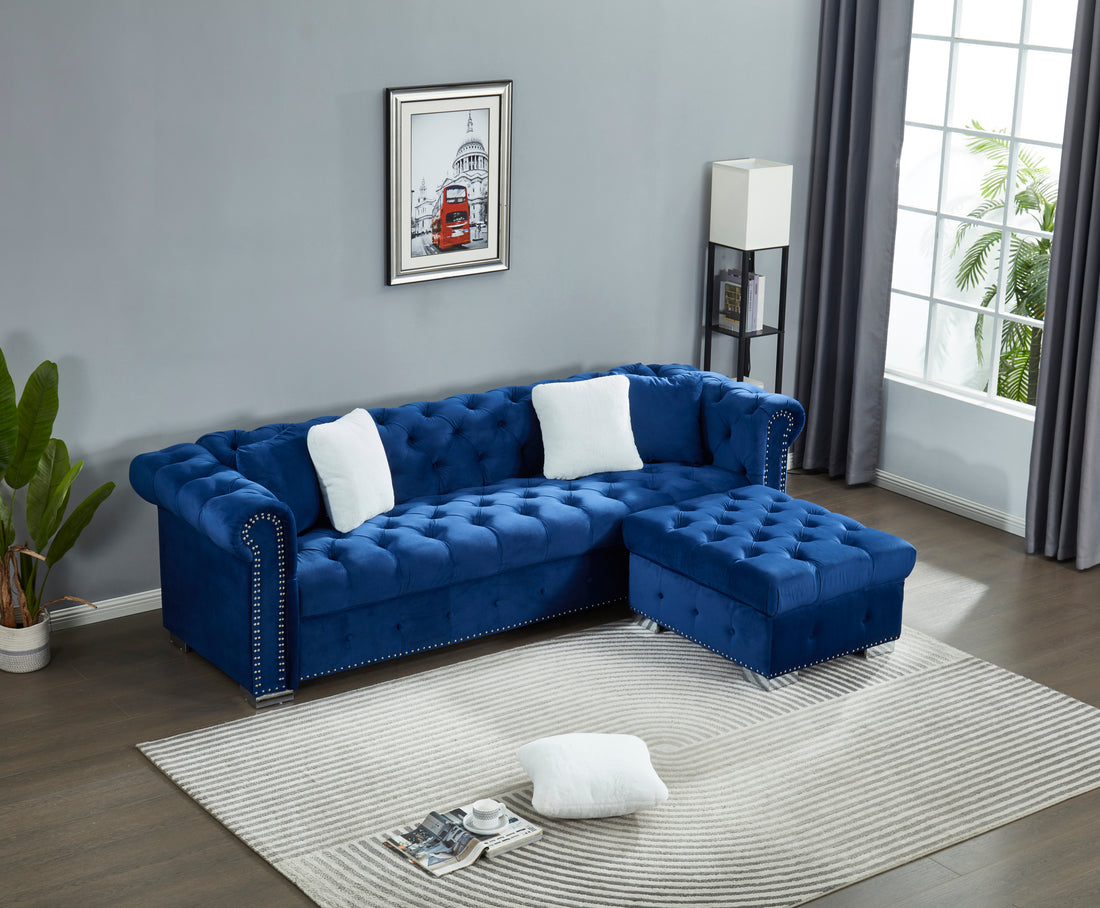 Reversible Sectional Sofa 4 Seater Oversized Convertible L Shaped Couch Velvet Sofa Couch Navy Blue Velvet 4 Seat