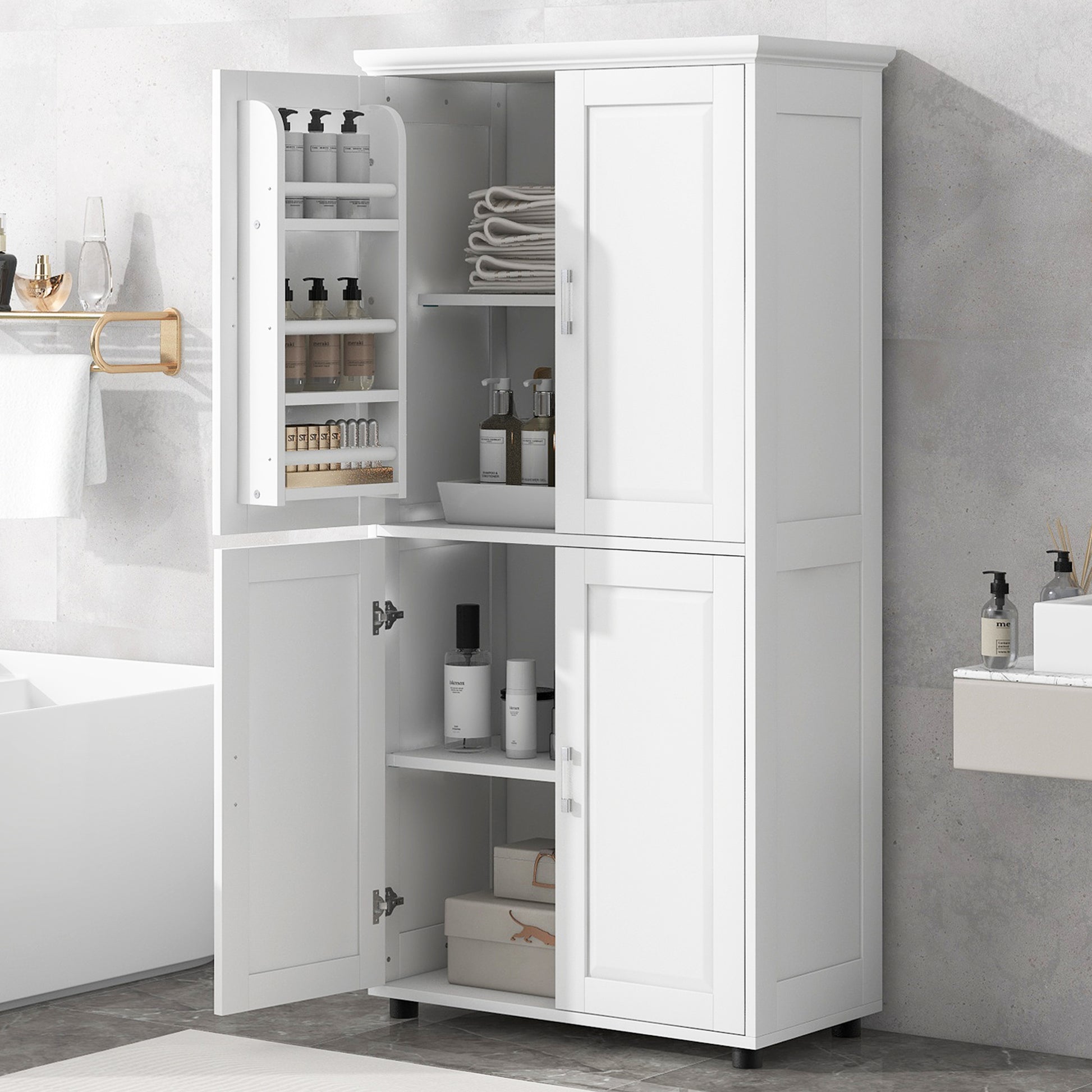 Tall And Wide Bathroom Floor Storage Cabinet, Bathroom Storage Unit, Freestanding Cabinet With 4 Doors, Adjustable Shelves, White White Mdf