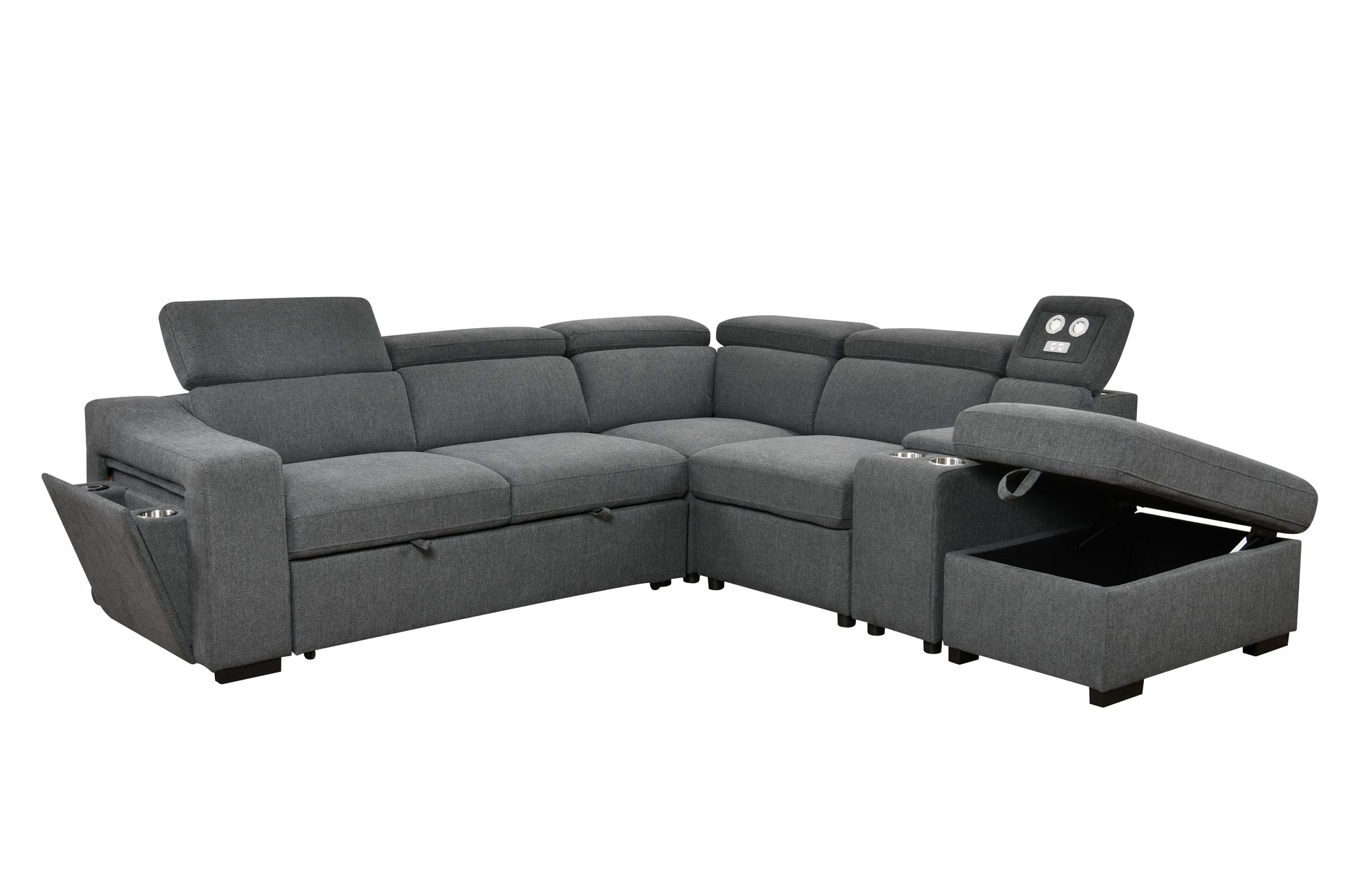 105"L Shape Sectional Sofa With Pull Out Bed And Ottoman Storage Space, Right Chaise Longue,Convertible Sleeper Couch, Tea W 2 Cup Holders & Storage & W Led, For Living Room, Apartment, Dark Gray