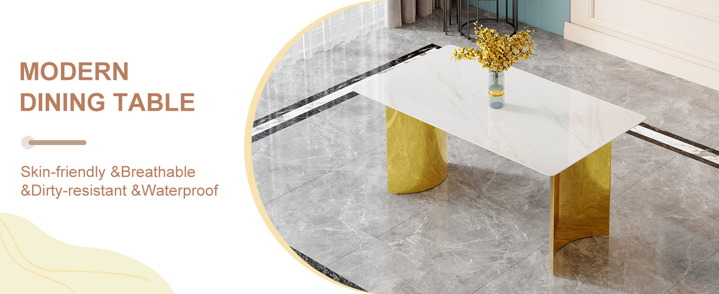 Modern Minimalist Dining Table. White Imitation Marble Glass Sticker Tabletop, Golden Table Legs, Stable And Beautiful. Suitable For Living Room And Dining Room 63" *35.4" *30 Dt 69 White Glass