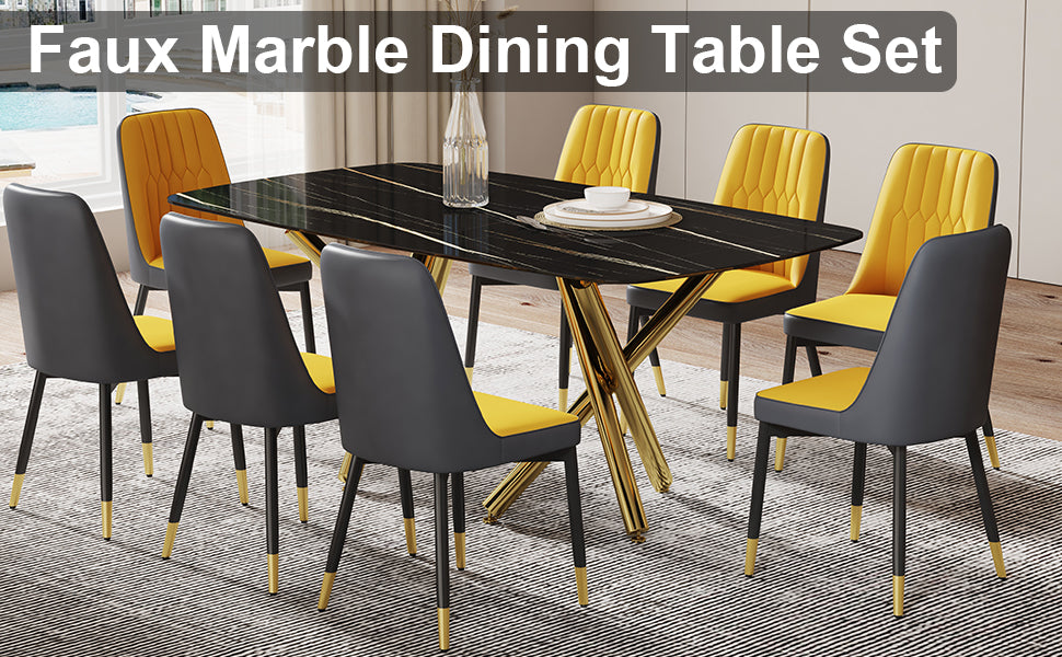 Large Modern Minimalist Rectangular Dining Table With 0.39 "Imitation Marble Black Desktop And Gold Metal Legs, Paired With 8 Chairs With Pu Cushions And Black Metal Legs.F 1538 C 007 Black Gold