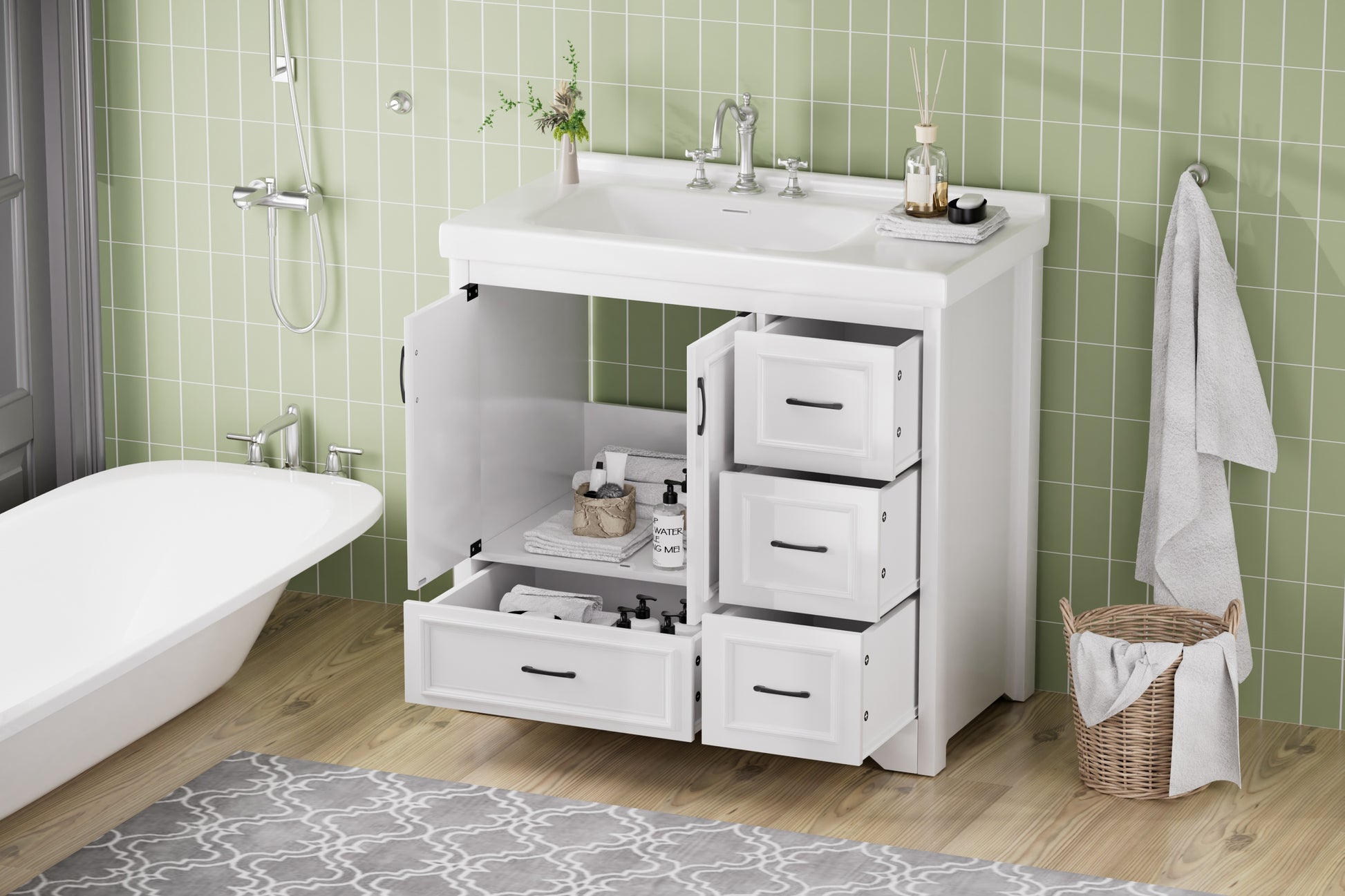 Cabinet Without Basin, 36 Inch Bathroom Cabinet, Bathroom Sink Cabinet With 2 Closing Doors And 4 Drawers. White Color, 35.8''W X 19.7''D X 35.4''H.Cabinet Only White Particle Board Mdf
